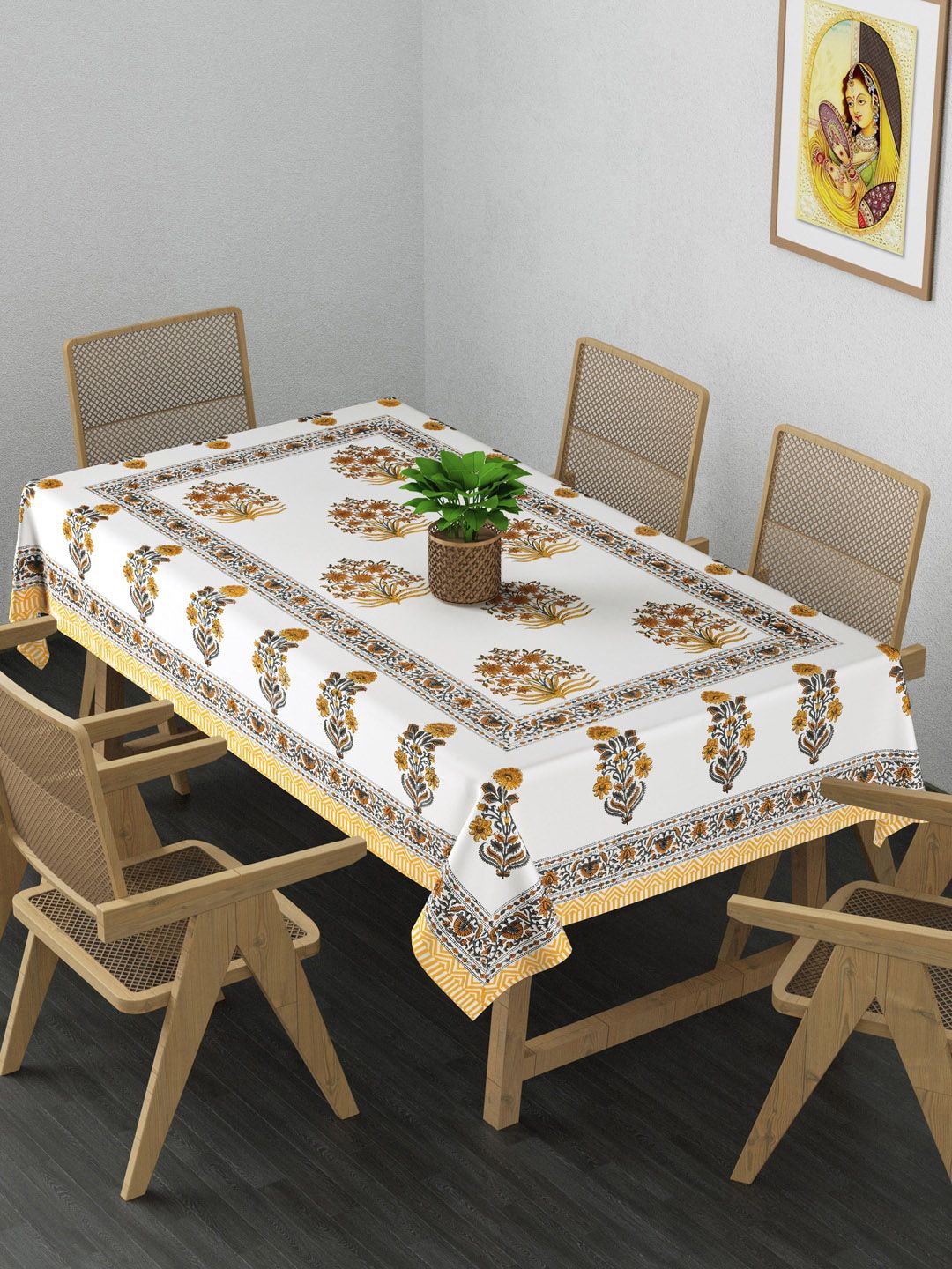 Gulaab Jaipur White & Mustard Printed Cotton 6 Seater Table Cover Price in India