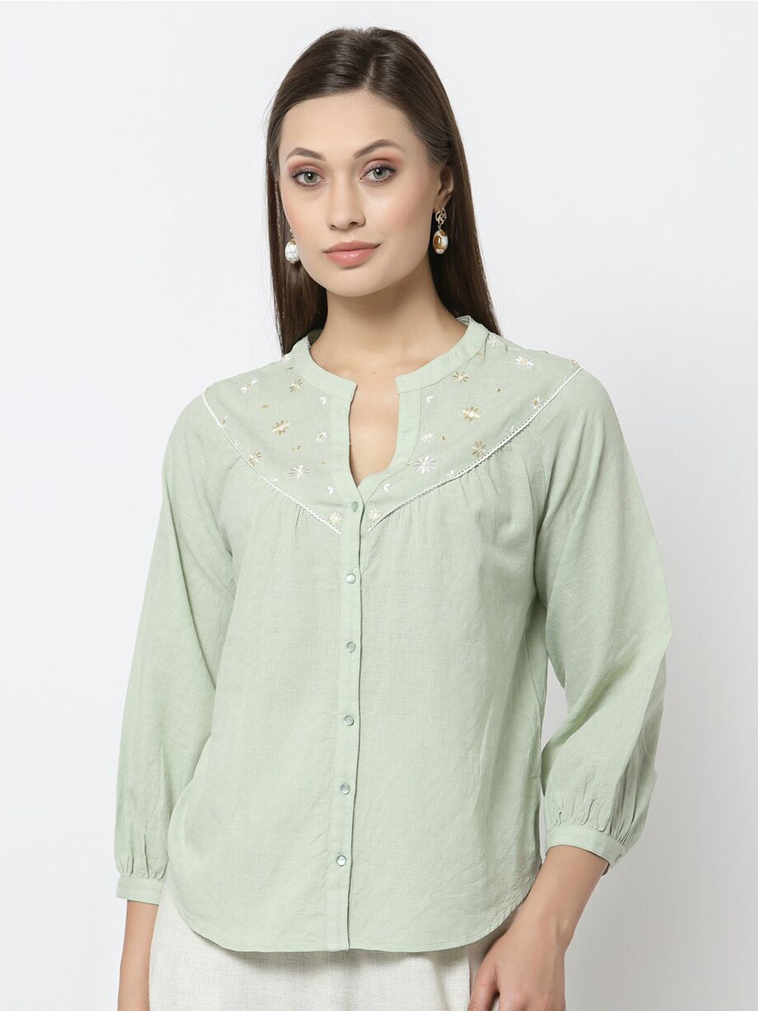 Gipsy Green Women Mandarin Collar Styled Back Cotton Top Price in India