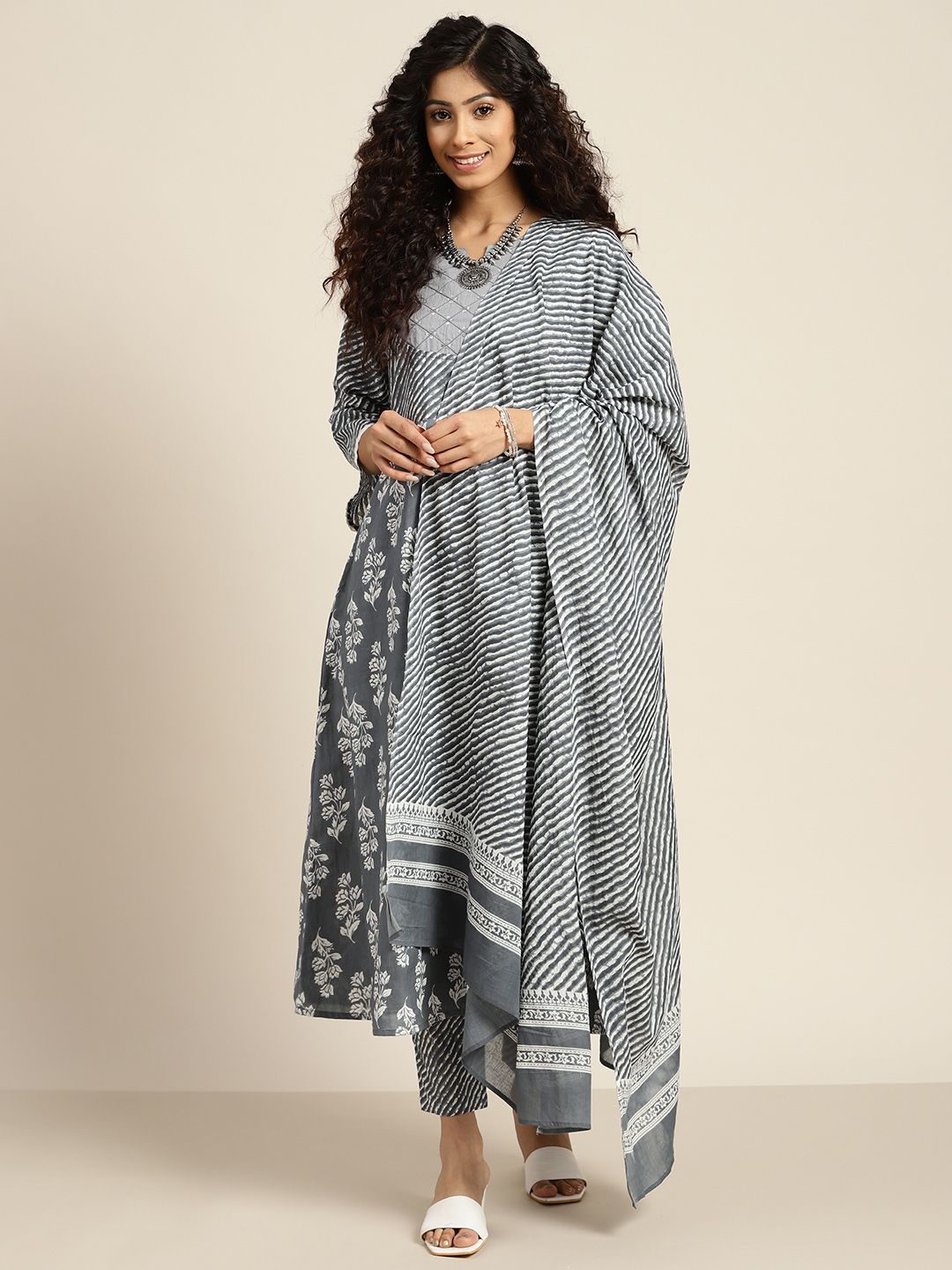 Sangria Women Grey Ethnic Printed Pure Cotton Kurta with Trousers & Dupatta Price in India