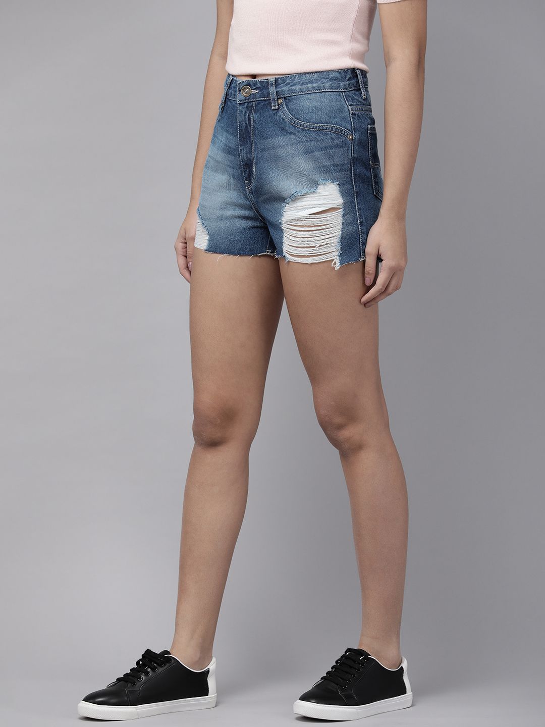 Roadster Women Solid Heavy Distressed Pure Cotton High Rise Denim Shorts Price in India