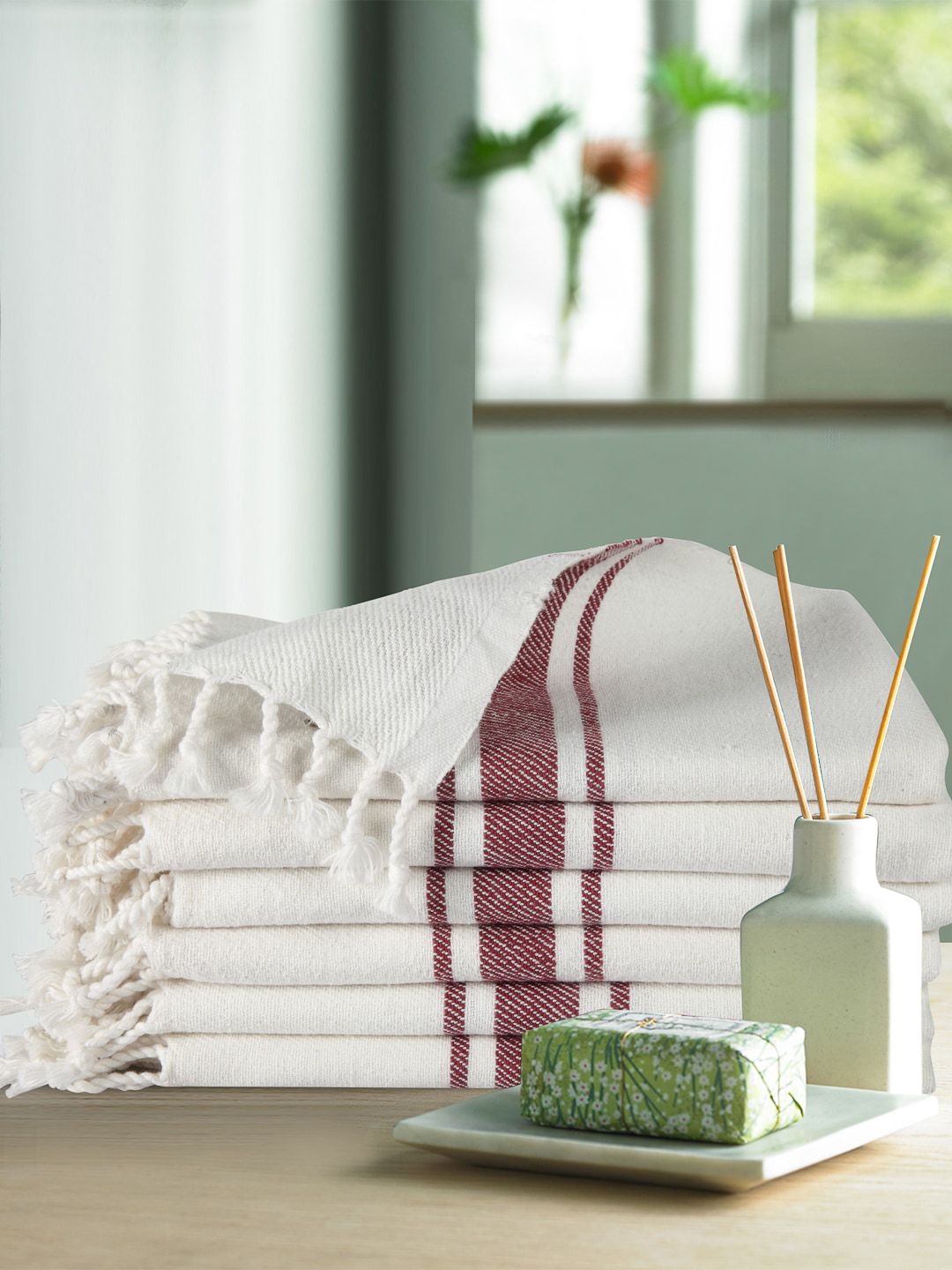 KLOTTHE Set of 6 Maroon & White Striped Pure Cotton Hand Towels Price in India