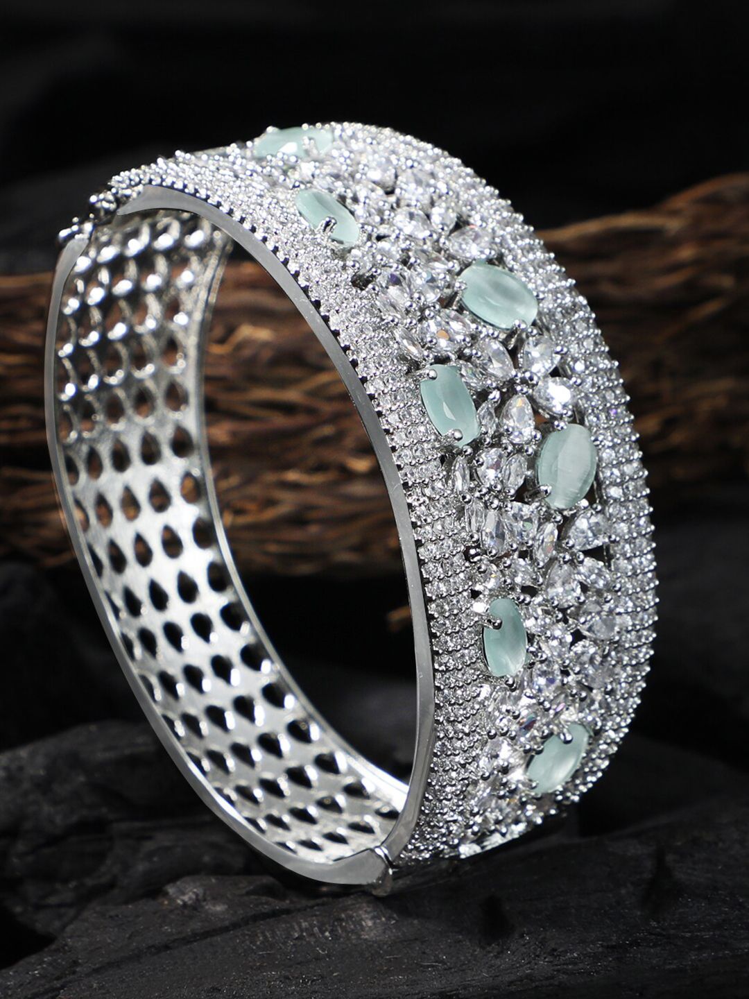 Adwitiya Collection Women Silver-Toned & Green Rhodium-Plated Bangle-Style Bracelet Price in India