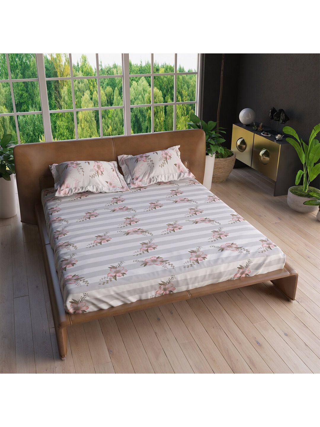 LABHAM Rose & White Floral 220 TC Pure Cotton King Bedsheet with 2 Pillow Covers Price in India