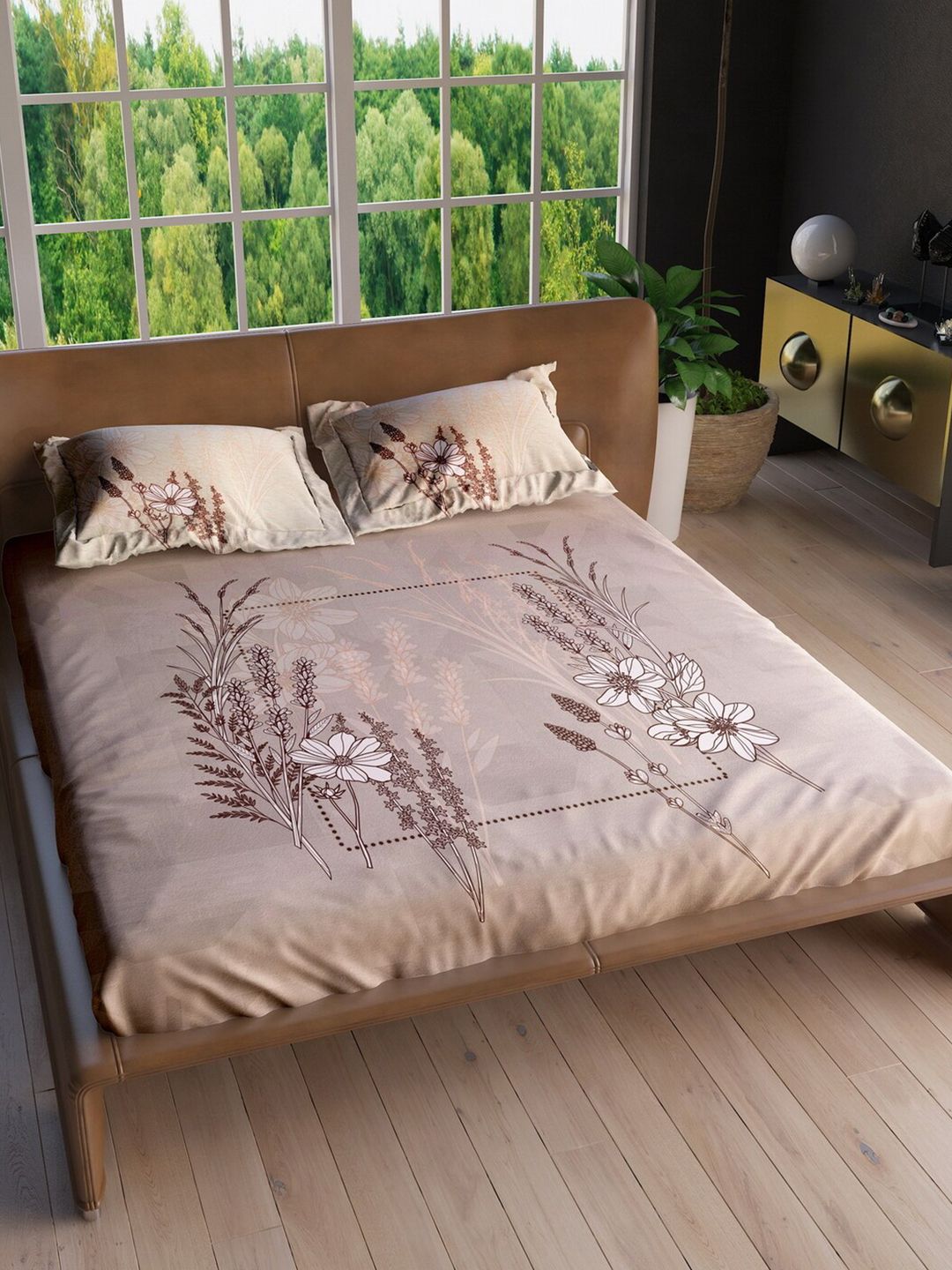 LABHAM Brown & Cream-Coloured Floral 220 TC King Bedsheet with 2 Pillow Covers Price in India