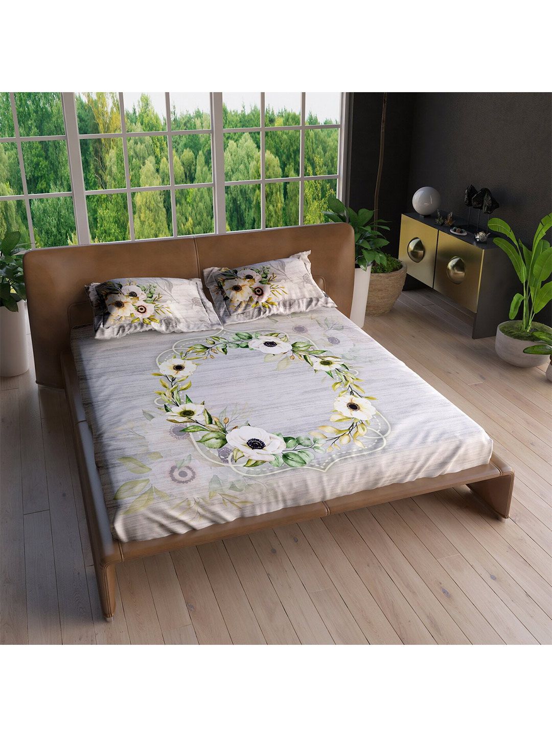 LABHAM Sea Green & White Floral 220 TC Pure Cotton King Bedsheet with 2 Pillow Covers Price in India