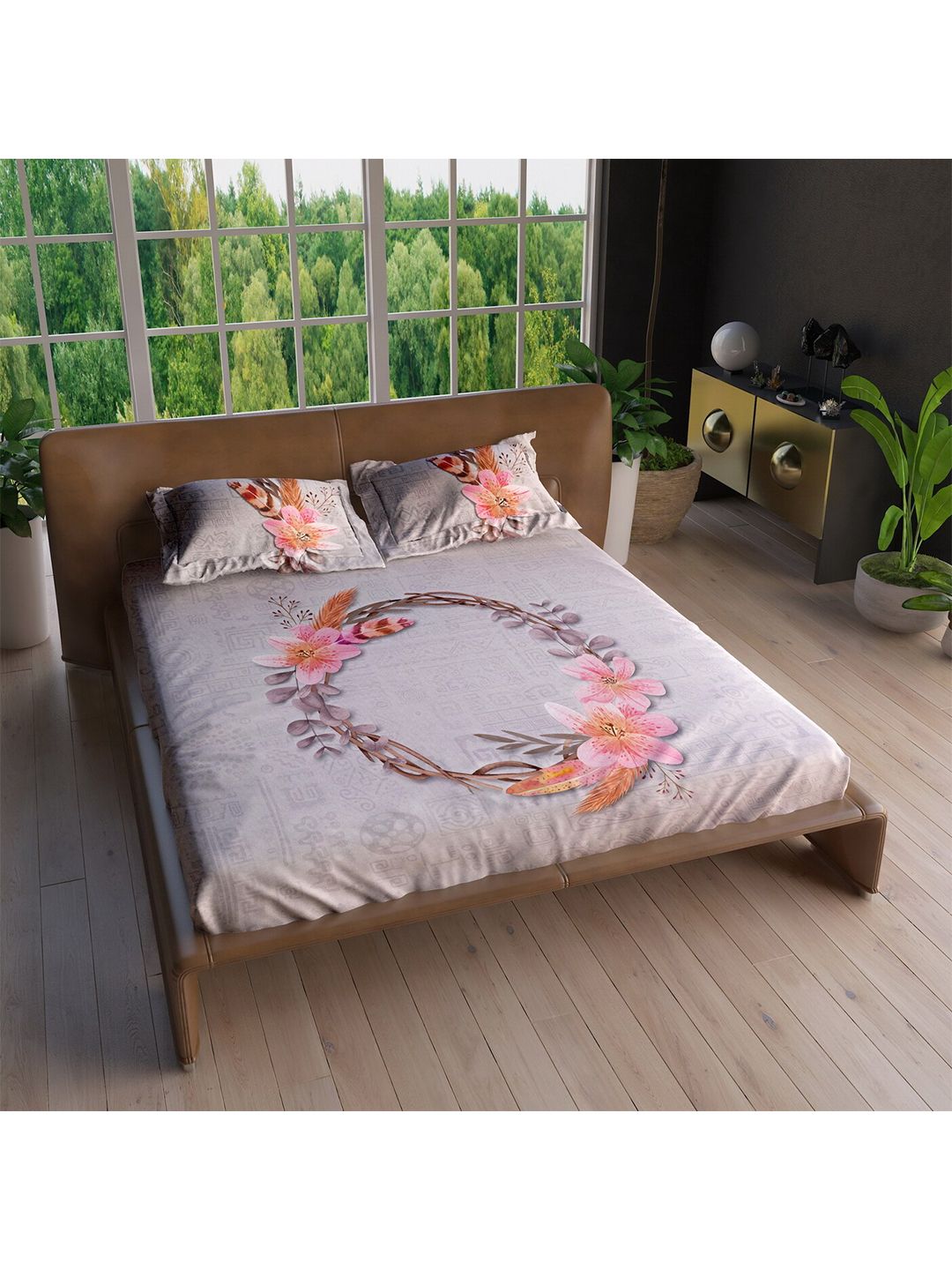 LABHAM Orange & Grey Floral 220 TC King Bedsheet with 2 Pillow Covers Price in India
