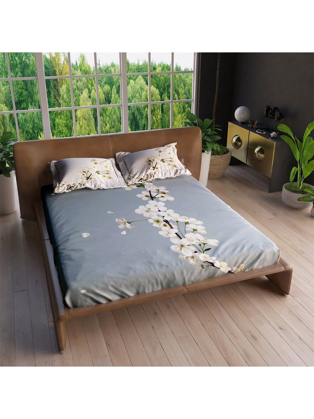 LABHAM Grey & Off White Floral 220 TC Pure Cotton King Bedsheet with 2 Pillow Covers Price in India