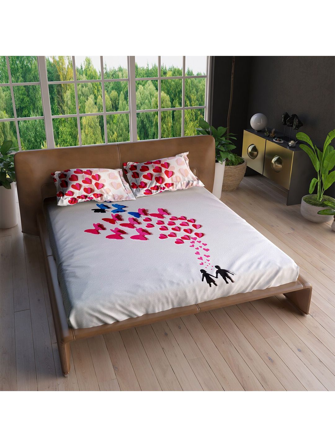 LABHAM White & Pink Conversational 220 TC Pure Cotton King Bedsheet with 2 Pillow Covers Price in India
