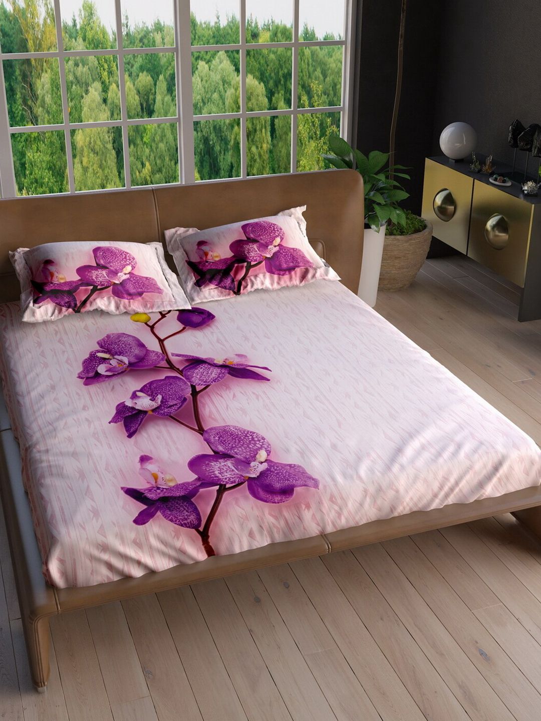 LABHAM Purple Floral 220 TC Cotton King Bedsheet with 2 Pillow Covers Price in India