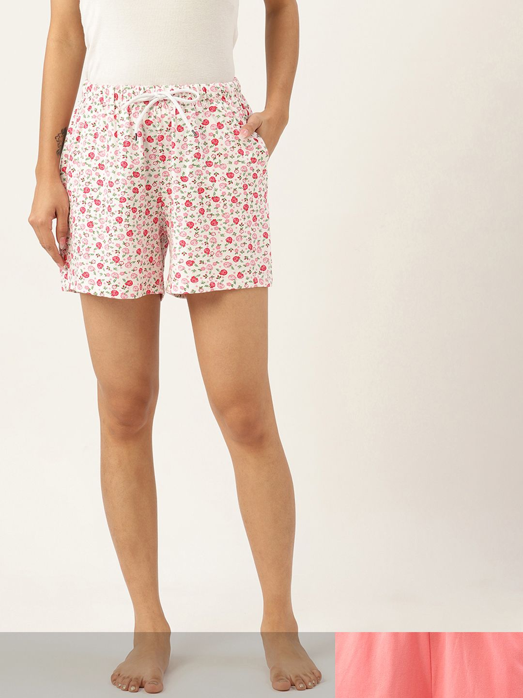 ETC Women Coral Pink & White 2 Cotton Lounge Shorts Price in India