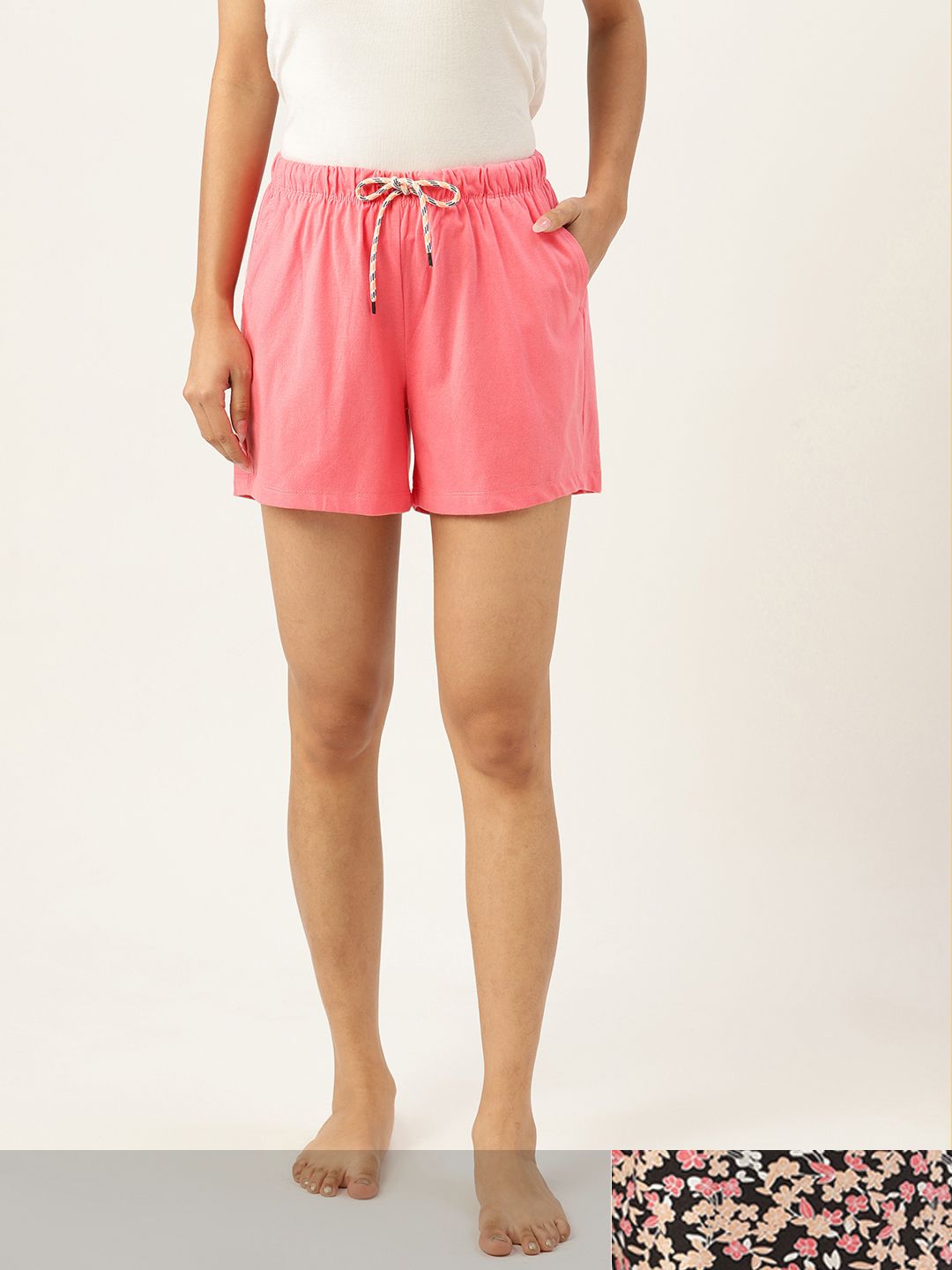 ETC Women Coral Pink & White 2 Cotton Lounge Shorts Price in India