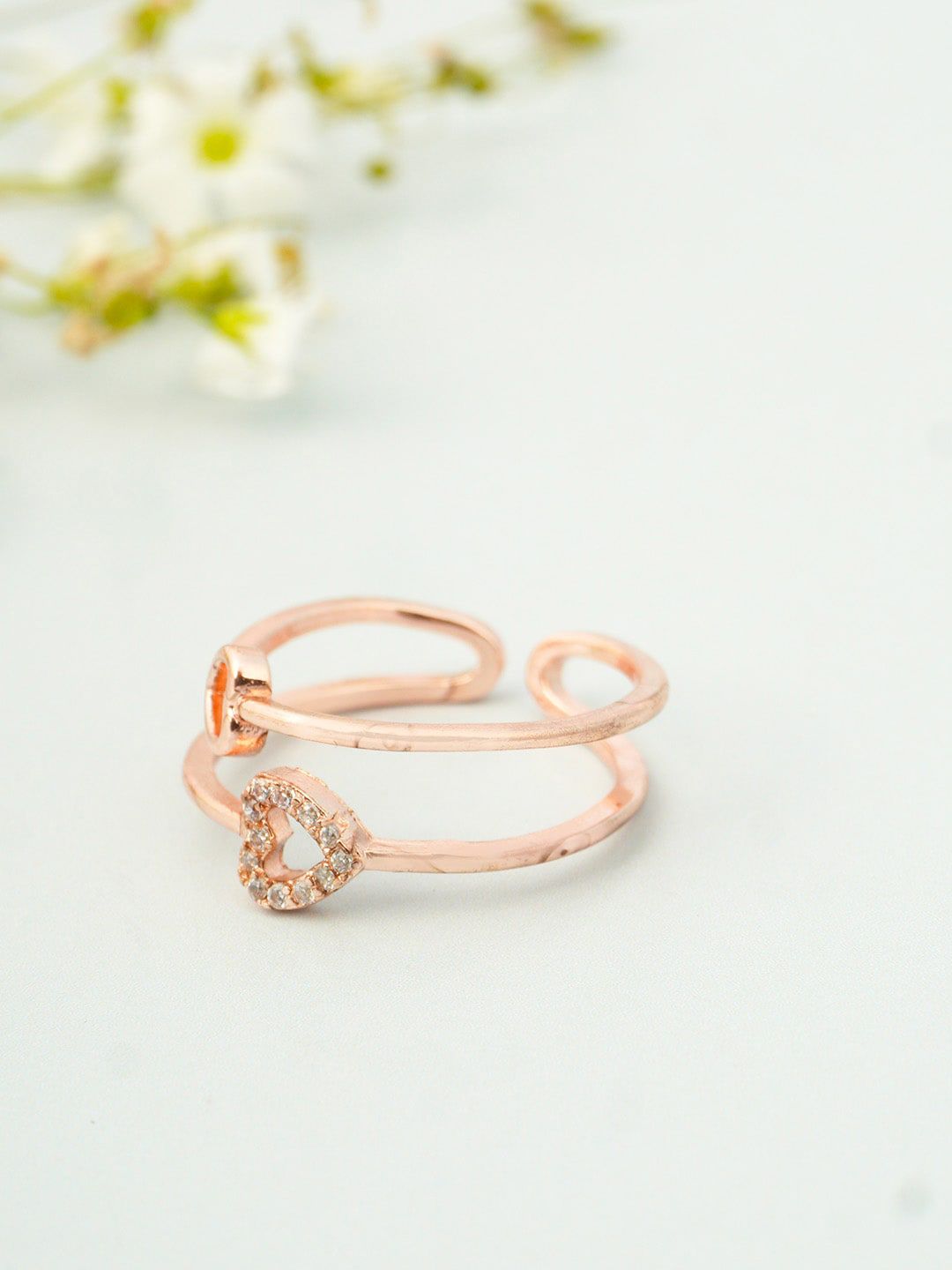 Ferosh Women Rose Gold Plated Studded Layered Heart Finger Ring Price in India