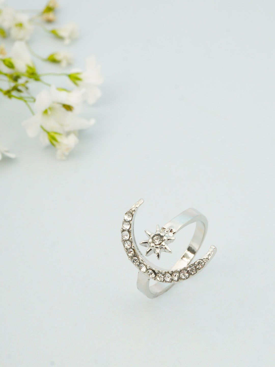 Ferosh Silver-Toned Stone-Studded Star Moon-Shaped Finger Ring Price in India