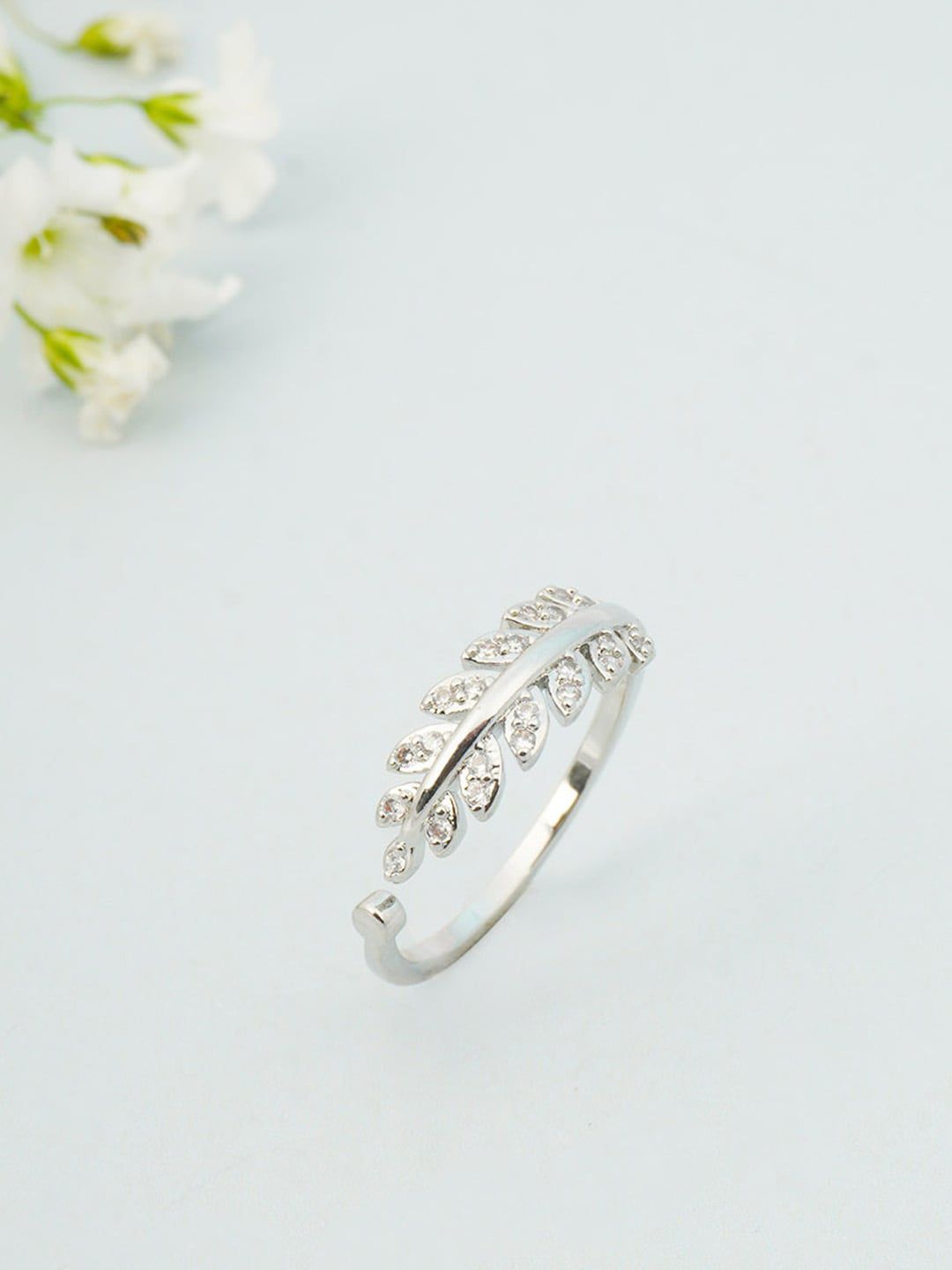 Ferosh Silver-Toned & White Stone-Studded Adjustable Finger Ring Price in India