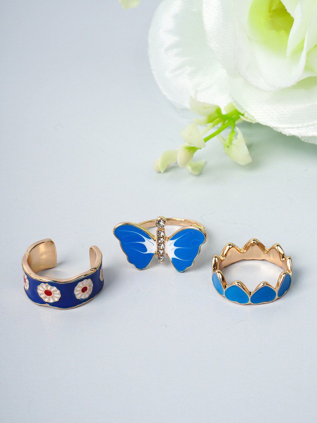 Ferosh Set Of 3 Gold-Toned & Blue Finger Rings Price in India