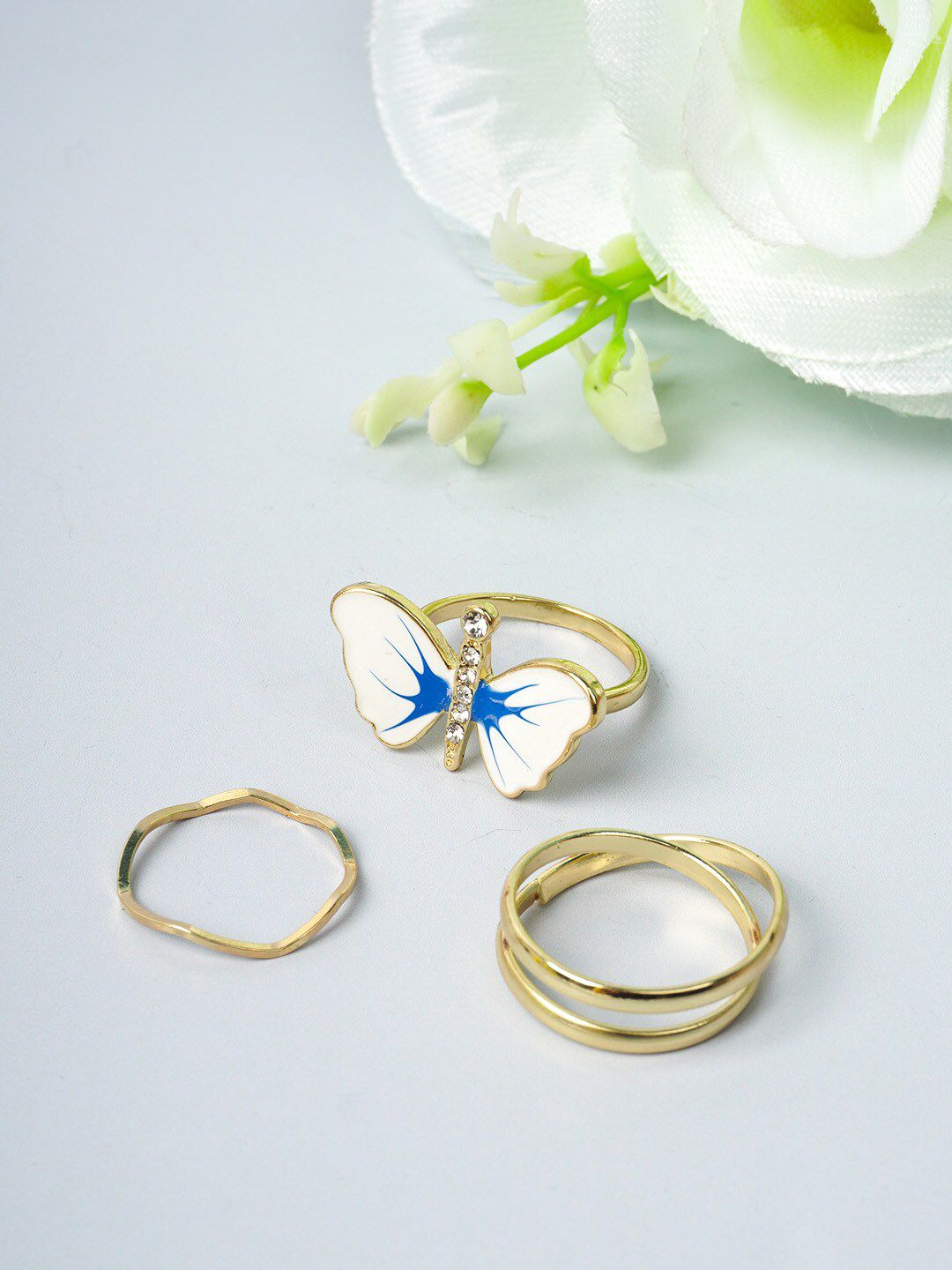 Ferosh Women White & Blue Set of 3 Butterfly Rings Price in India