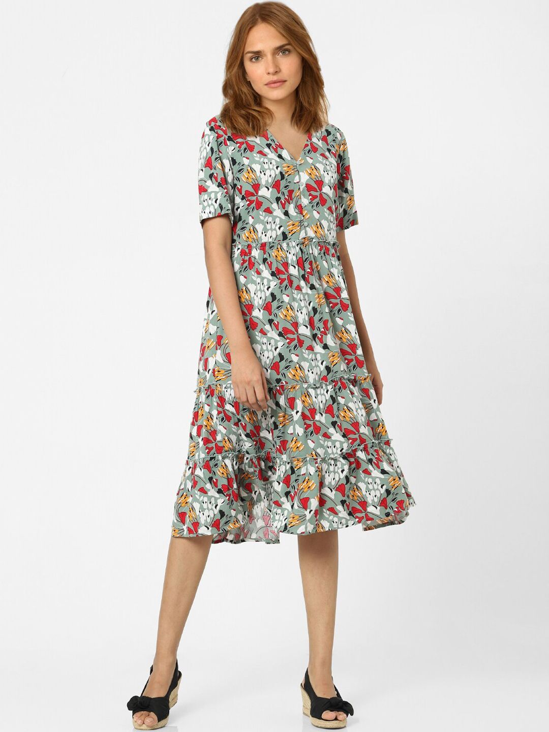 Vero Moda Grey & Multicoloured Floral Layered Fit and Flare Dress Price in India