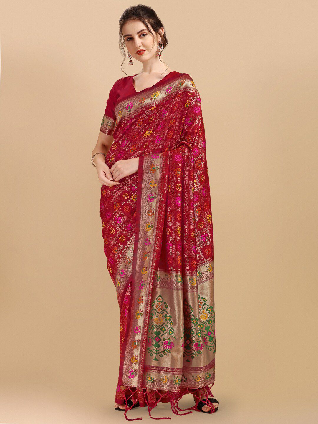 Inddus Red & Gold-Toned Woven Design Silk Blend Patola Saree