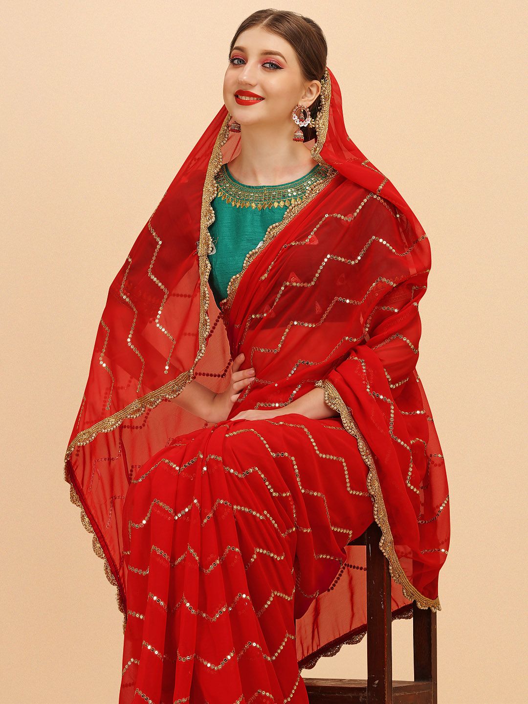 Sangria Red Embellished Sequinned Pure Georgette Saree