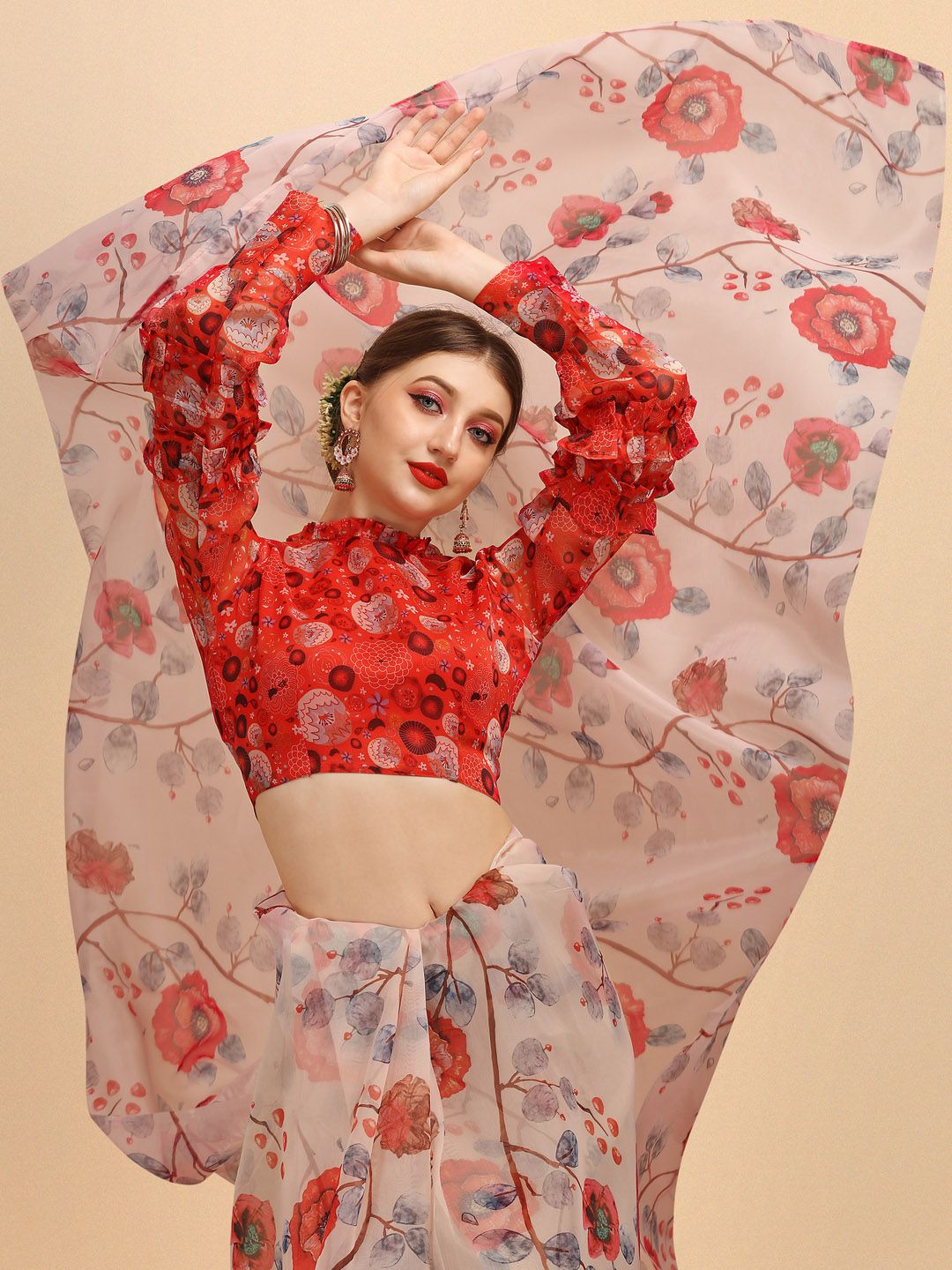 Sangria Pink & Red Floral Organza Saree