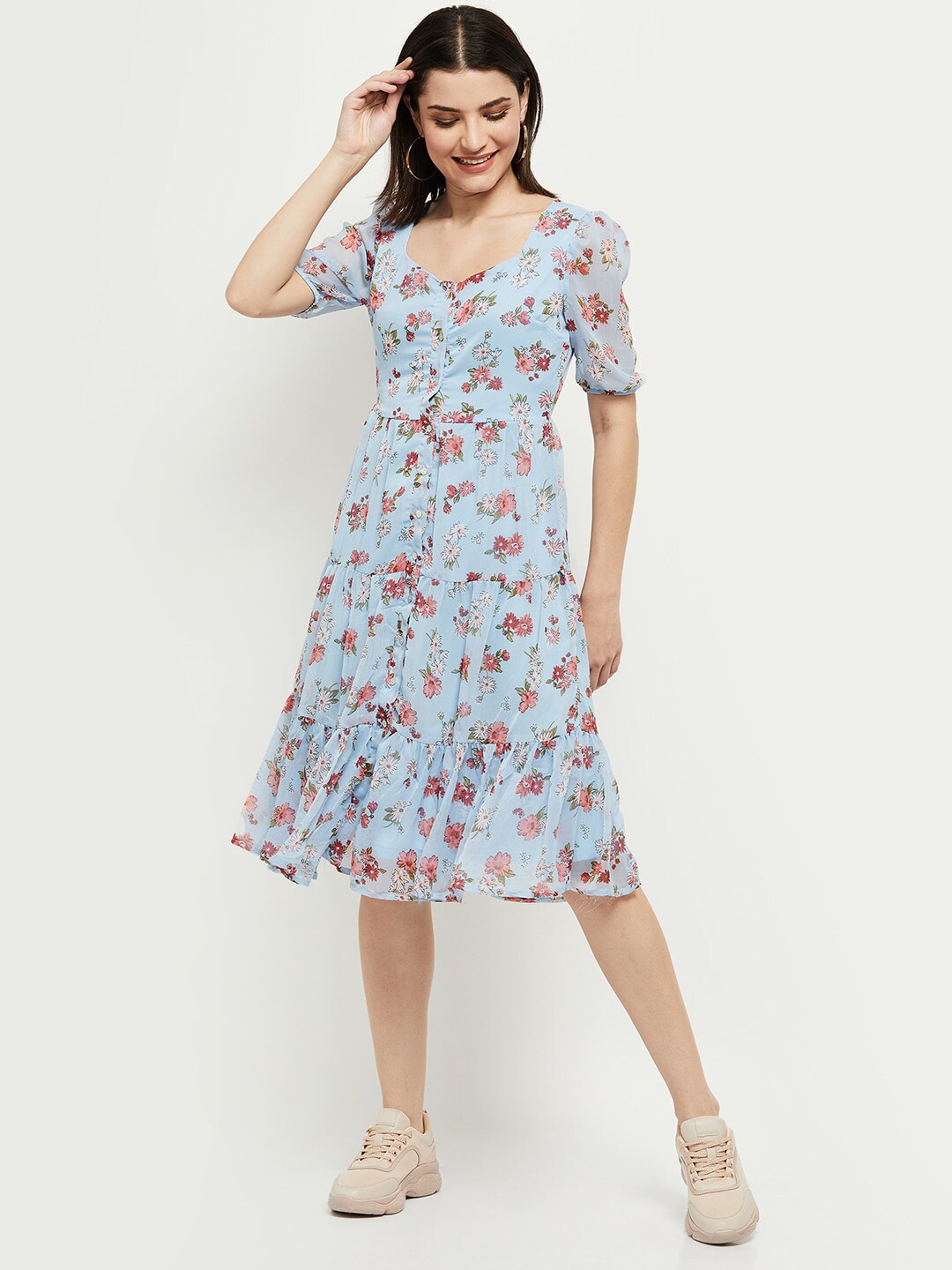 max Women Blue Floral Printed A-Line Dress Price in India