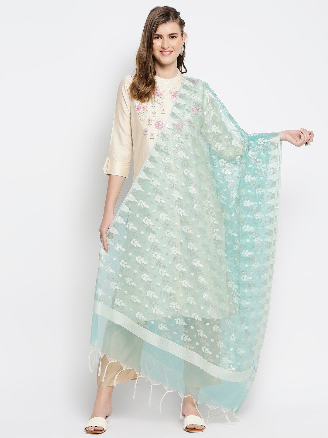 Dupatta Bazaar Sea Green & Silver Ethnic Motifs Woven Design Banarasi Dupatta with Zari Price in India