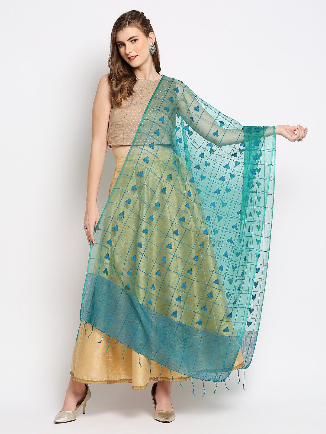 Dupatta Bazaar Green & Gold-Toned Woven Design Organza Dupatta Price in India