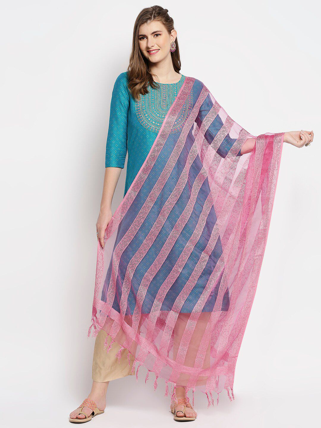 Dupatta Bazaar Pink Striped Organza Dupatta Price in India