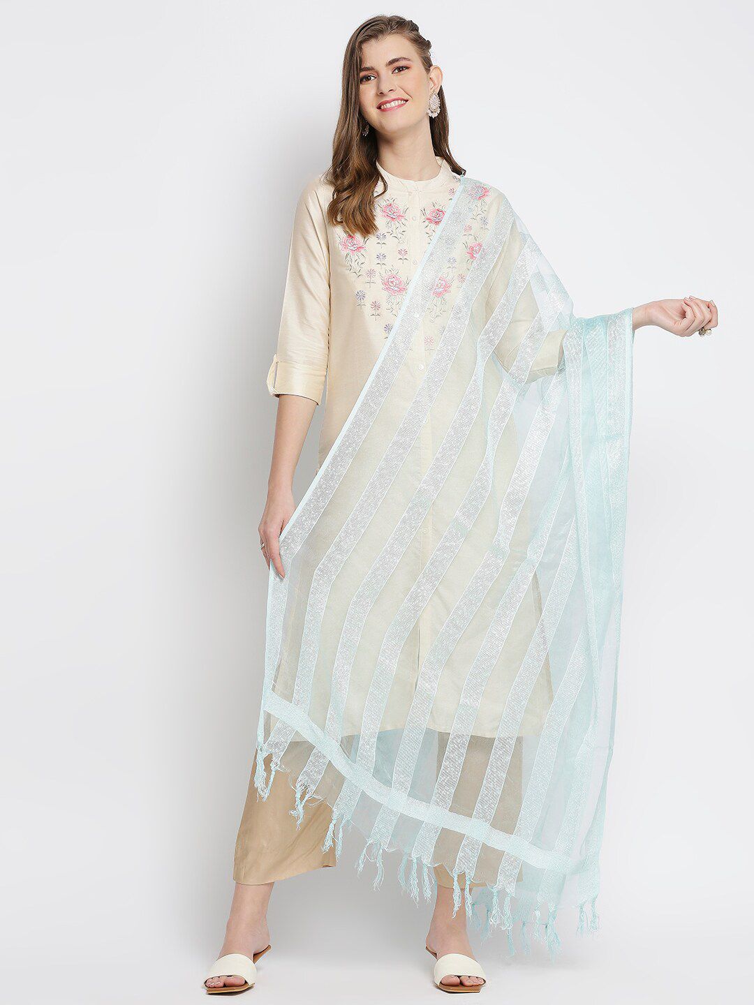 Dupatta Bazaar Blue & Silver-Toned Woven Design Organza Dupatta Price in India