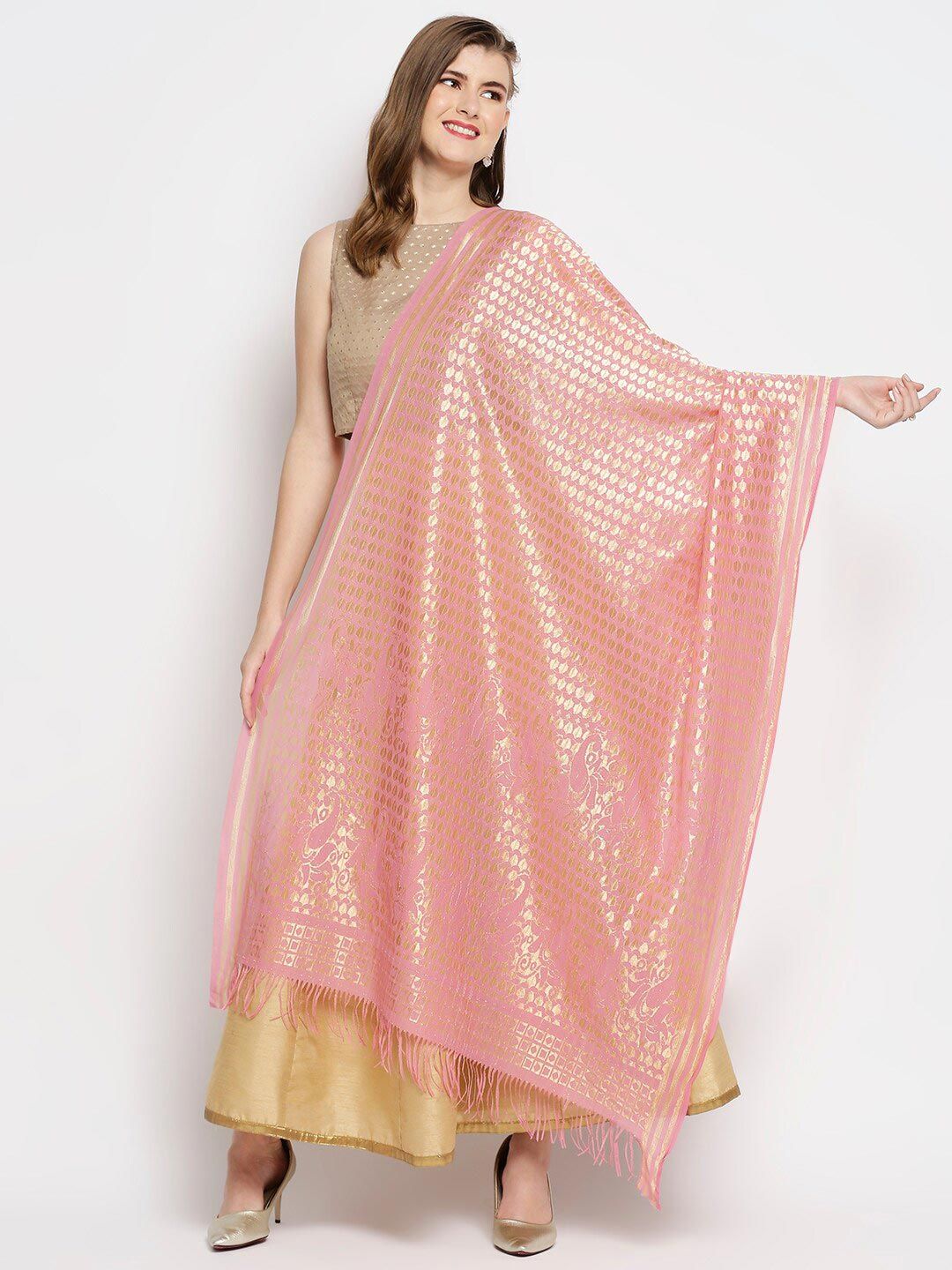 Dupatta Bazaar Pink & Gold-Toned Woven Design Tasseled Dupatta Price in India