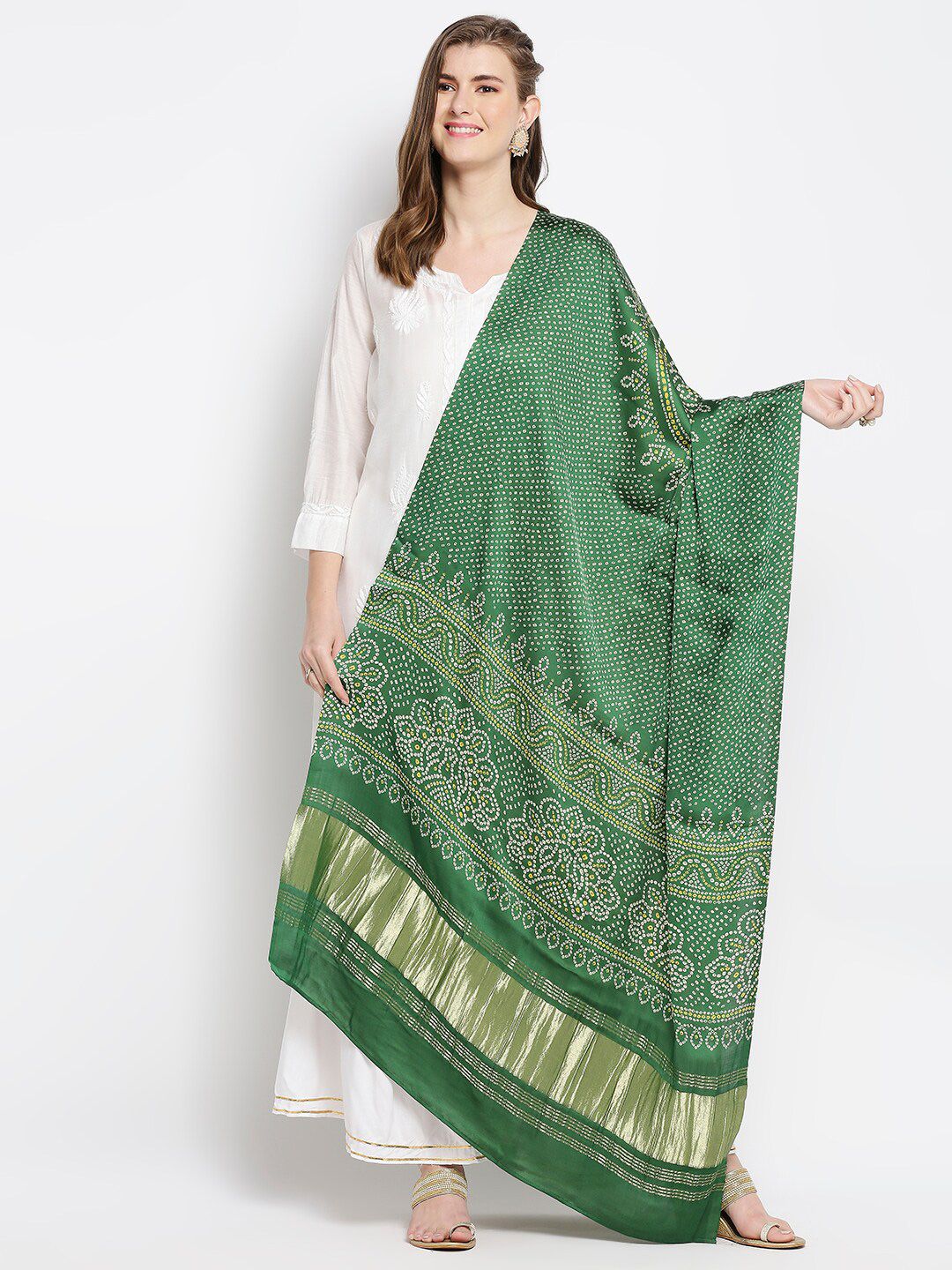 Dupatta Bazaar Green & Gold-Toned Printed Bandhani Dupatta with Zari Price in India