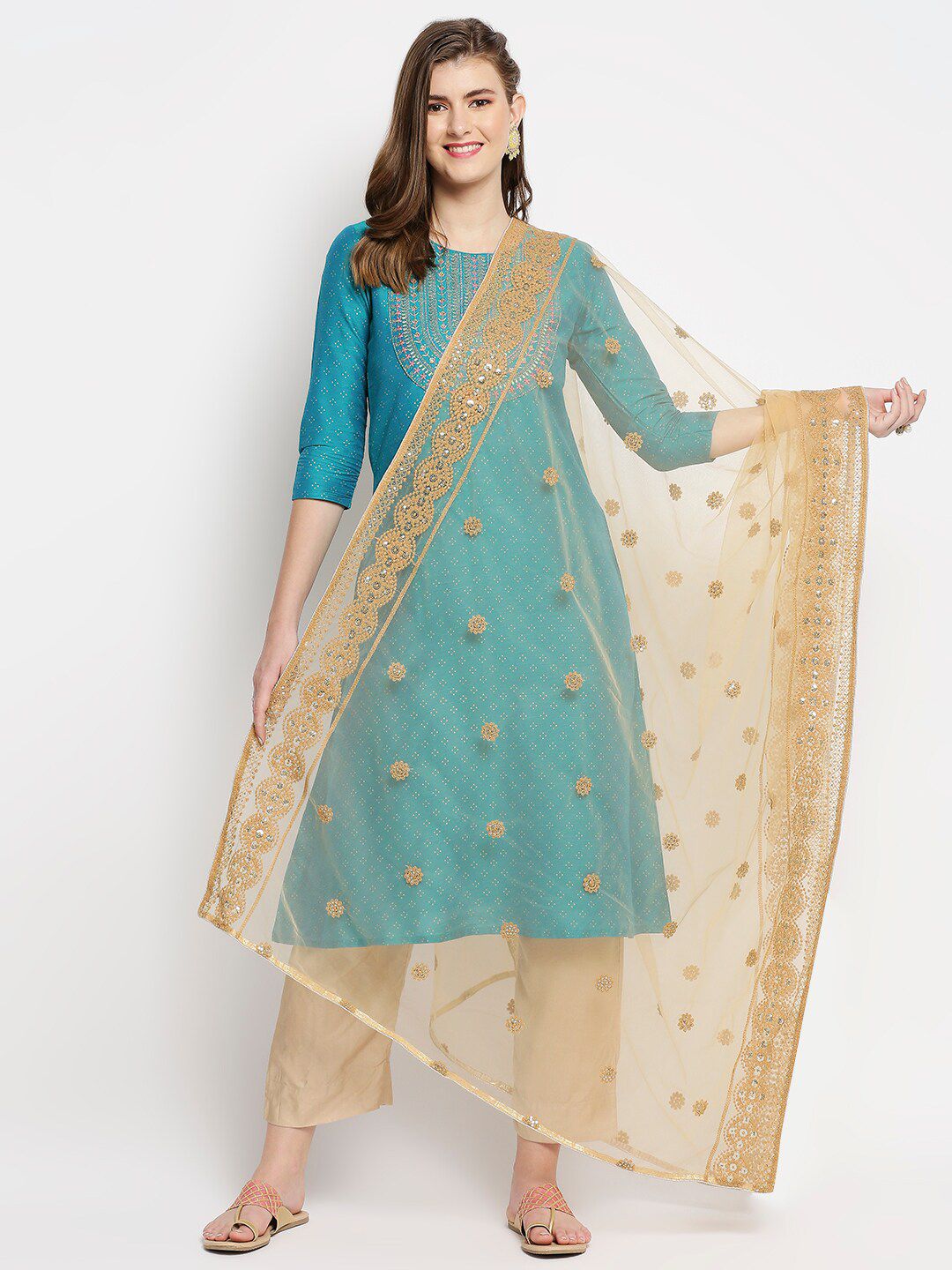 Dupatta Bazaar Gold-Toned Ethnic Motifs Embroidered Dupatta with Chikankari Price in India