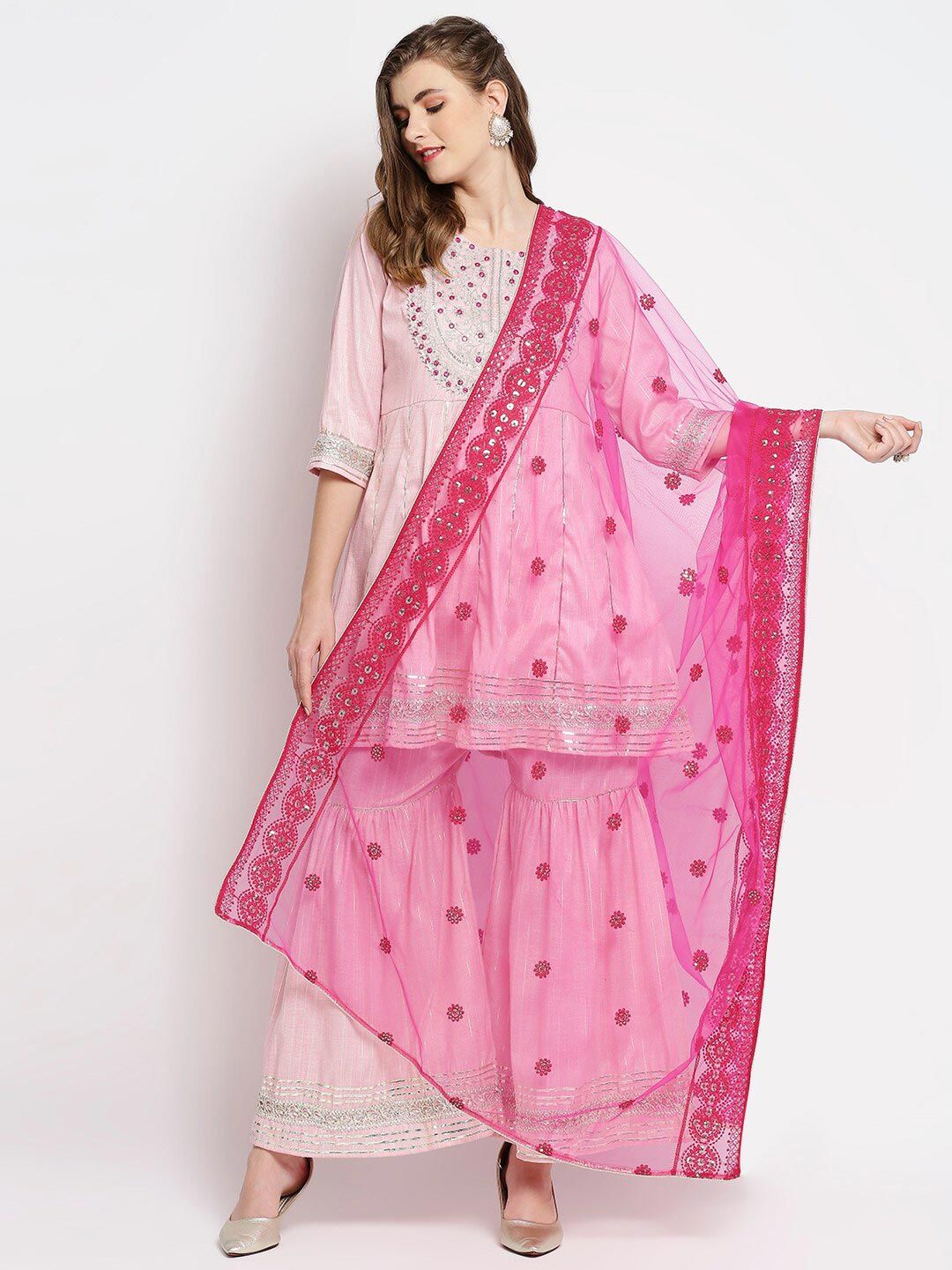 Dupatta Bazaar Pink & Red Ethnic Motifs Embroidered Dupatta with Chikankari Price in India