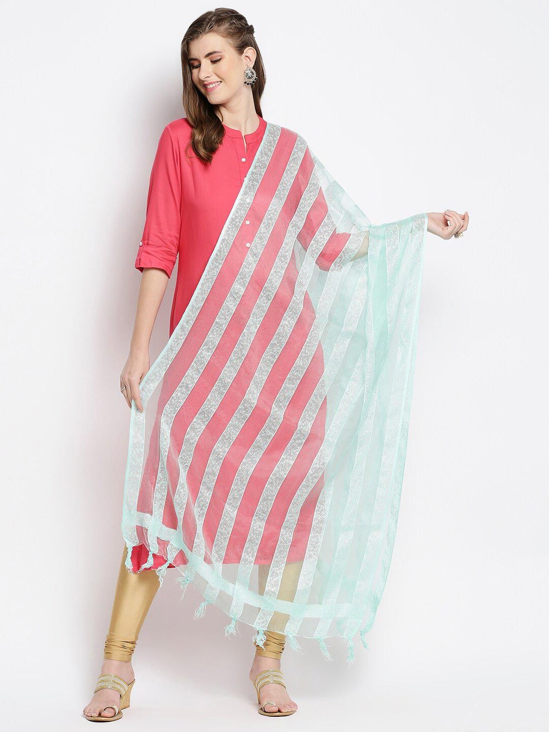 Dupatta Bazaar Sea Green & Silver-Toned Striped Organza Dupatta Price in India