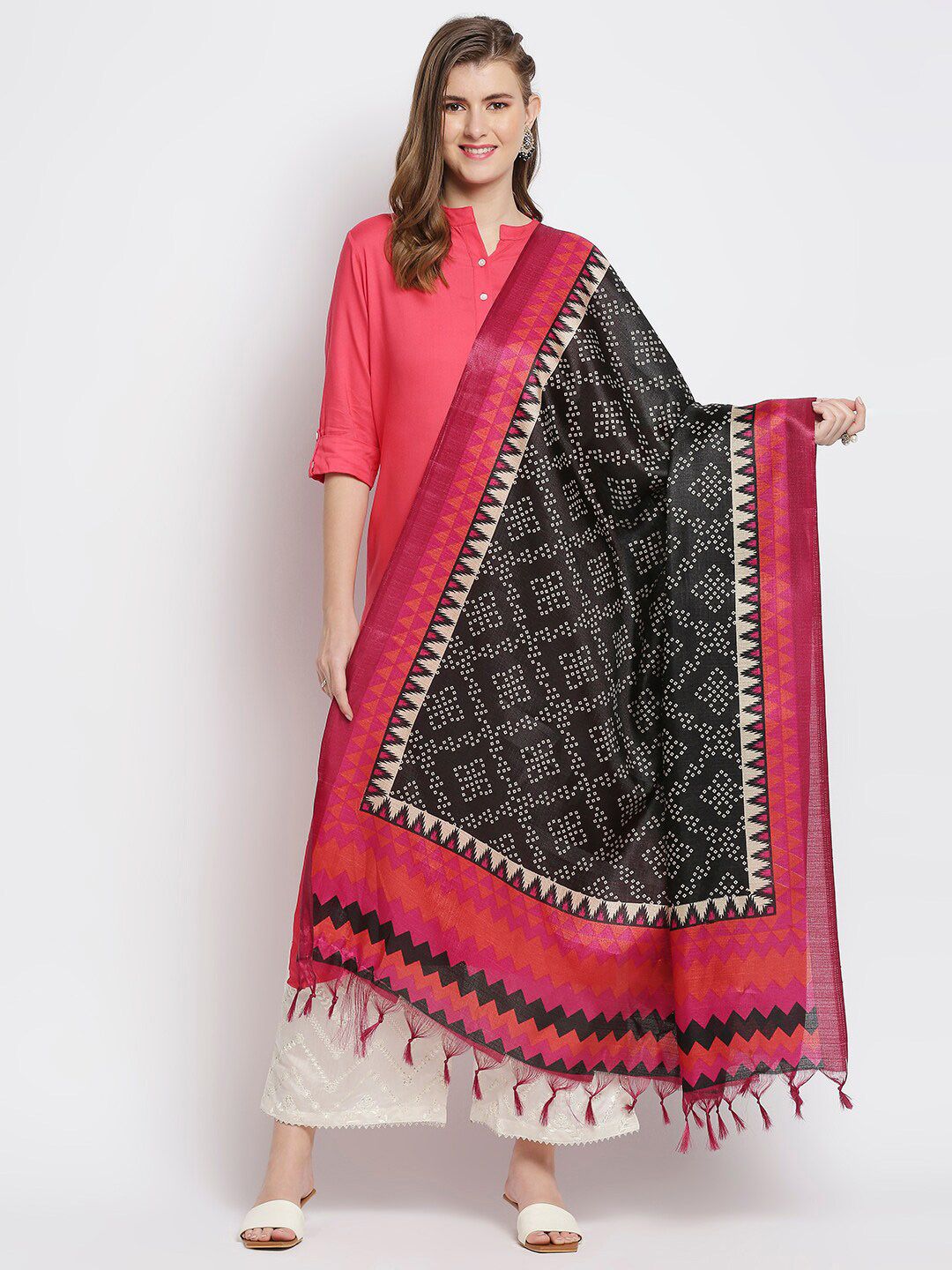 Dupatta Bazaar Black & Pink Printed Art Silk Dupatta Price in India