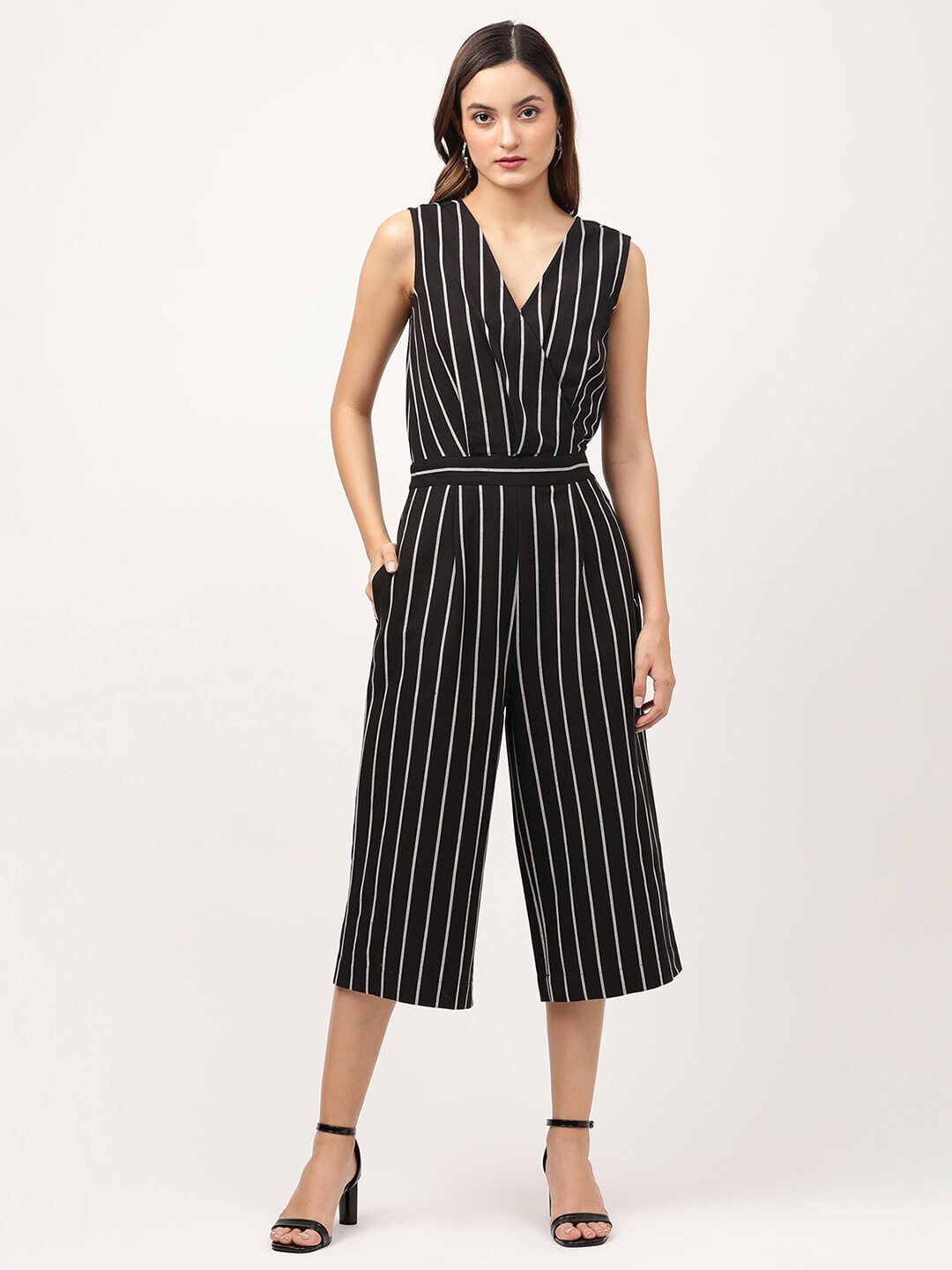 ELLE Women Black & White Striped Culotte Jumpsuit Price in India
