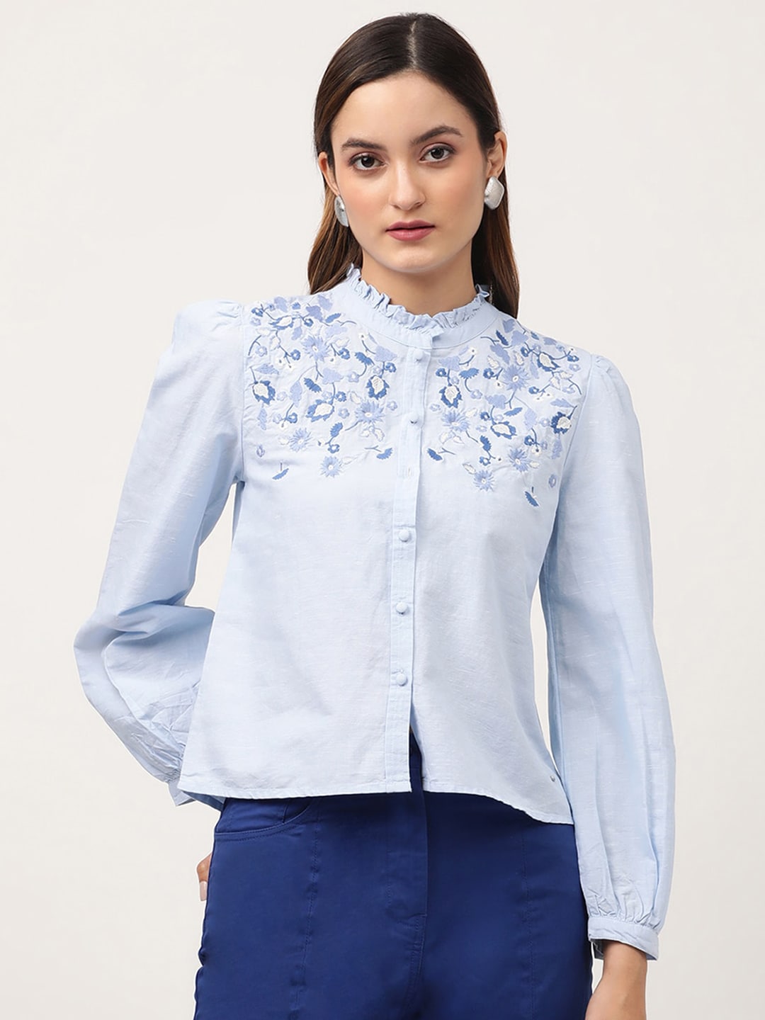 ELLE Blue Floral Mandarin Collar Shirt Style Cotton Top Price in India