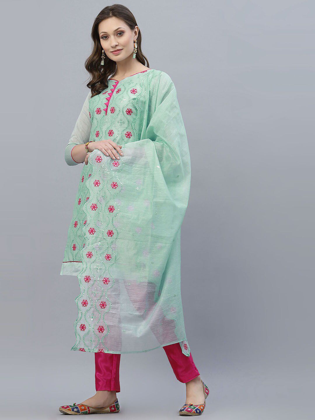 Satrani Green & Magenta Embroidered Unstitched Dress Material Price in India