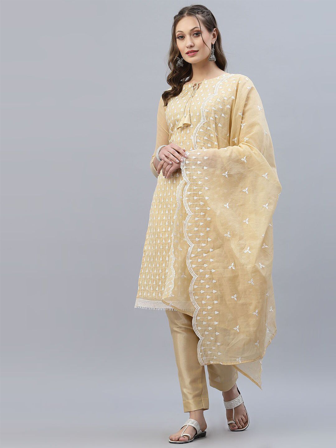 Satrani Yellow & White Embroidered Unstitched Dress Material Price in India