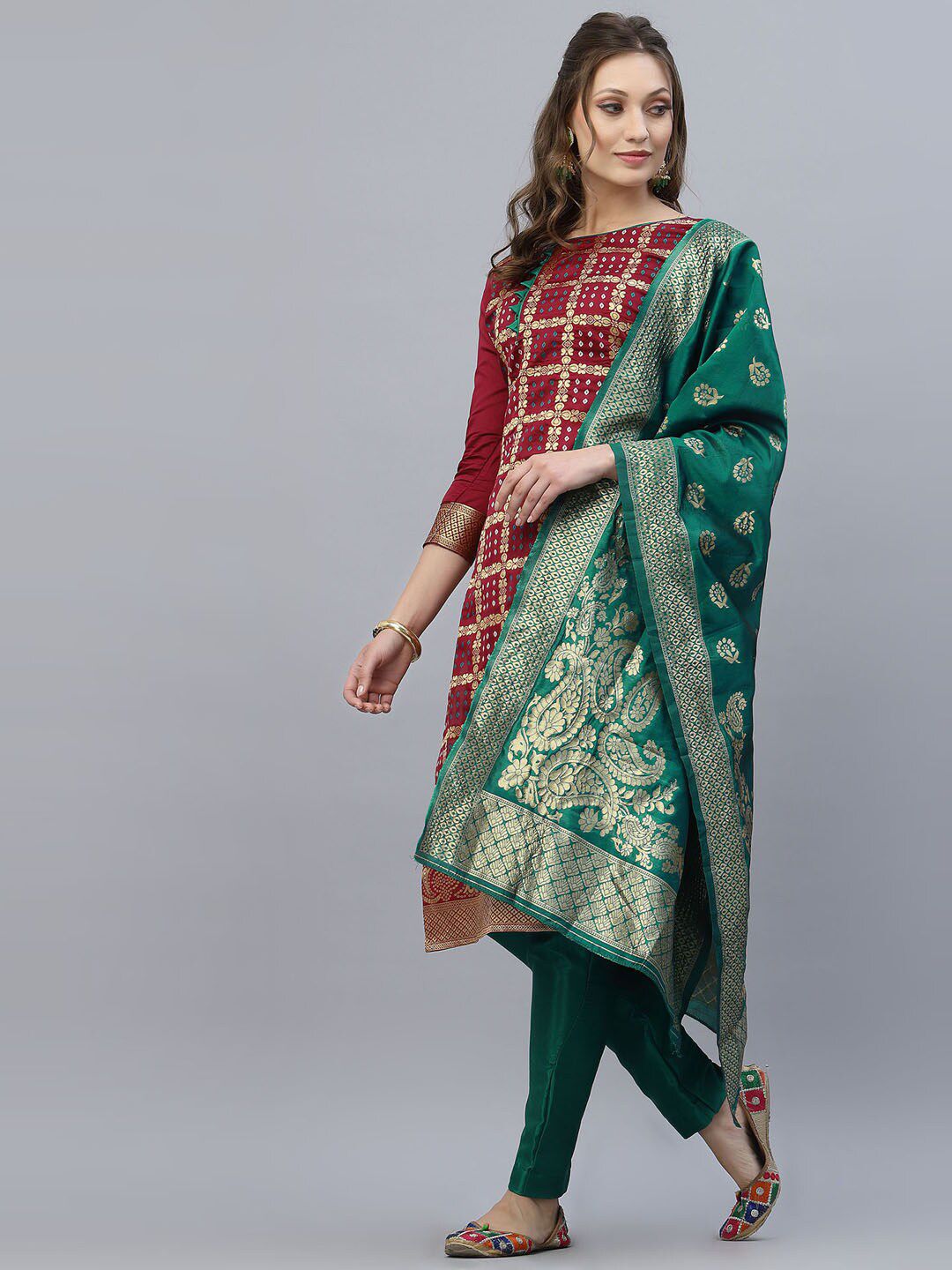 Satrani Maroon & Green Unstitched Dress Material Price in India