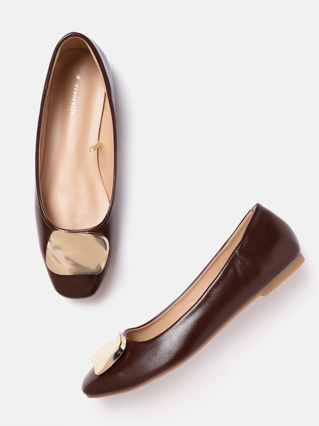 Van Heusen Woman Coffee Brown & Gold-Toned Solid Metallic Detail Ballerinas Price in India