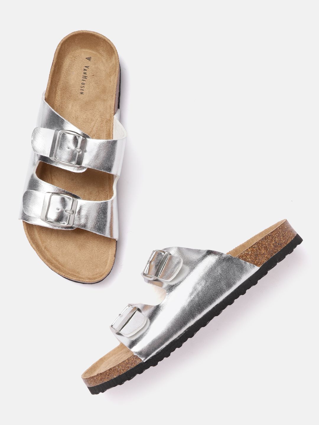 Van Heusen Woman Silver-Toned Open Toe Flats with Buckles Price in India