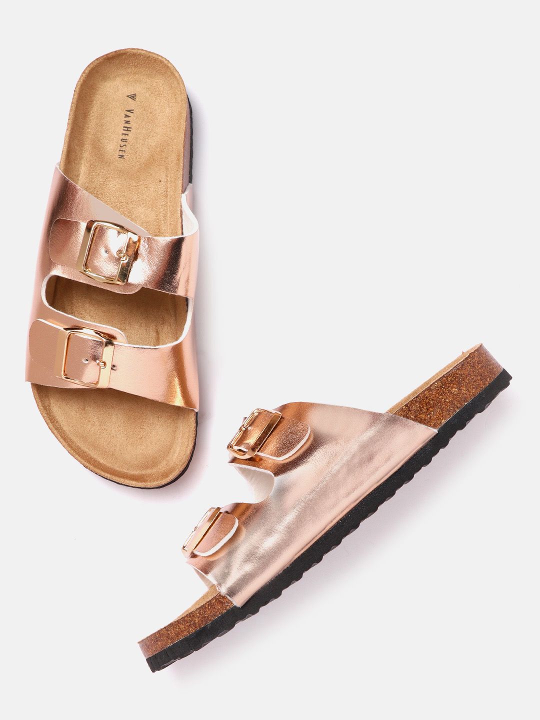 Van Heusen Woman Rose Gold-Toned Glossy Finish Open Toe Flats with Buckles Price in India