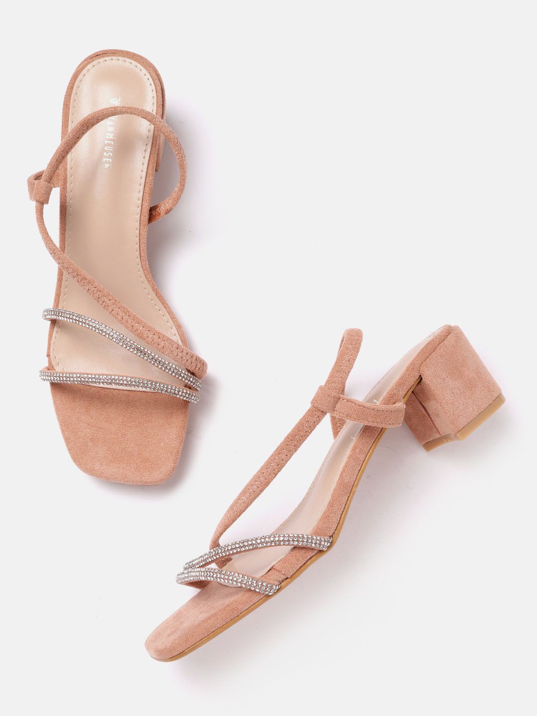 Van Heusen Woman Peach-Coloured with a Tinge of Tan Suede Finish Embellished Block Heels Price in India