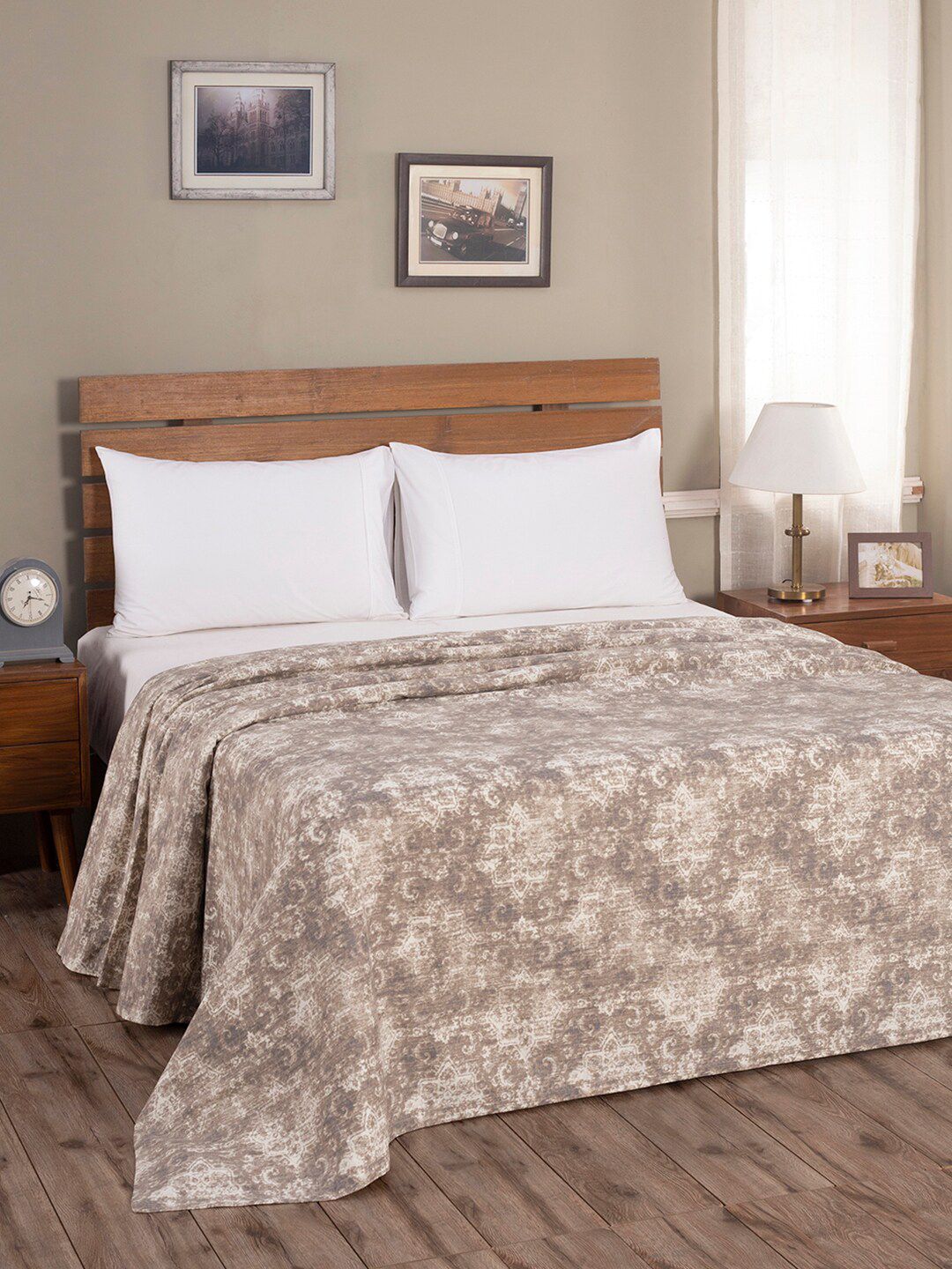 MASPAR Beige Printed 318 GSM Double Queen Bed Cover Price in India