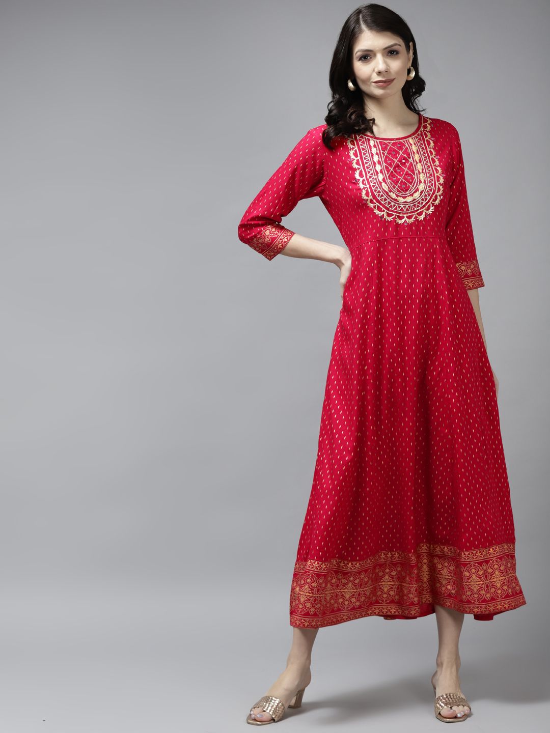 Yufta Pink & Golden Ethnic Motifs Printed Gota Patti Detail A-Line Midi Dress Price in India