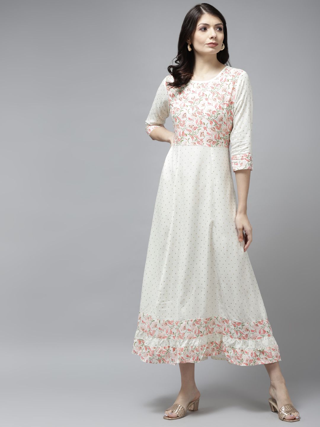 Yufta White & Pink Ethnic Motifs Printed A-Line Midi Dress Price in India