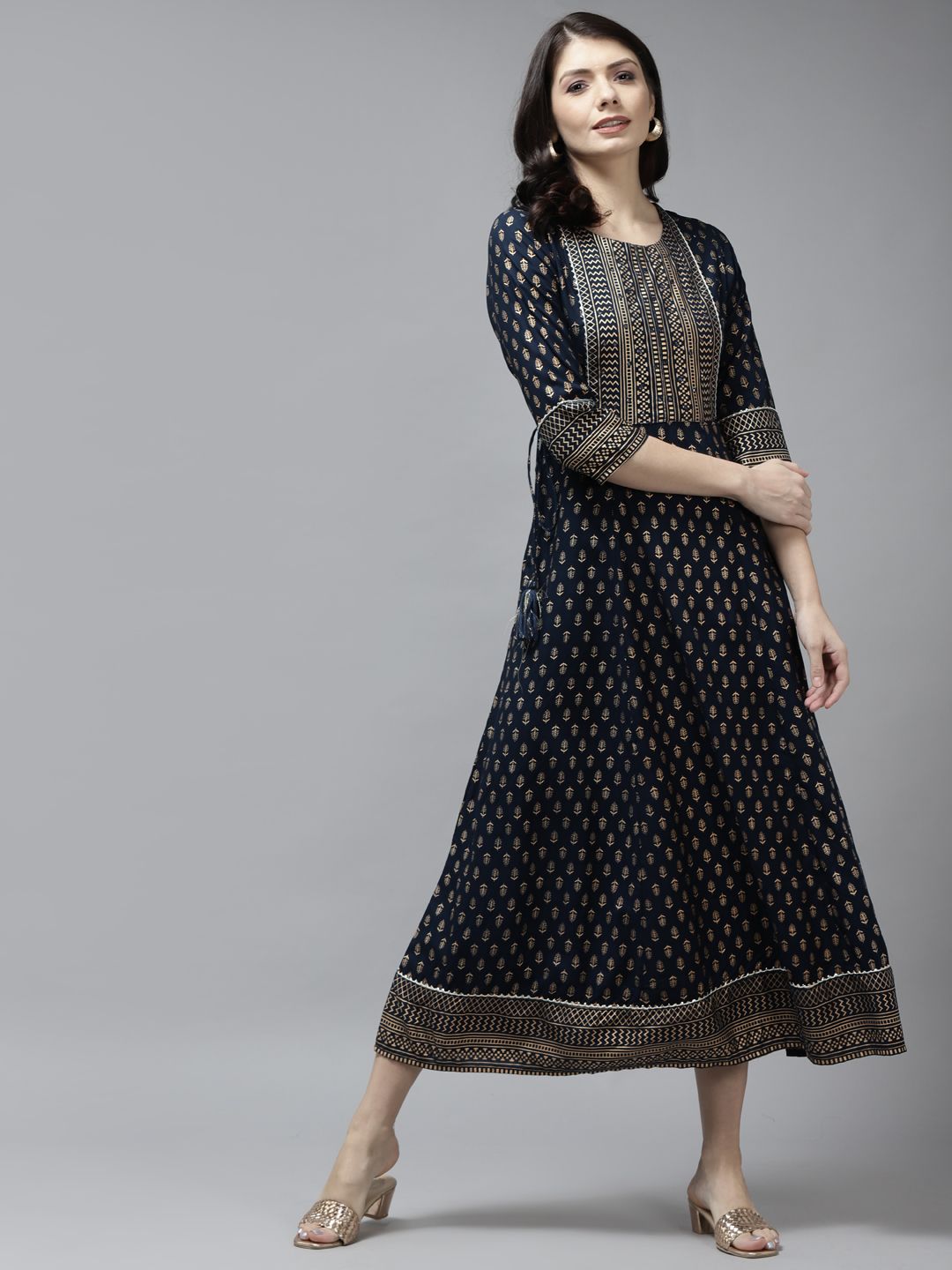 Yufta Navy Blue & Beige Ethnic Motifs Ethnic A-Line Midi Dress Price in India