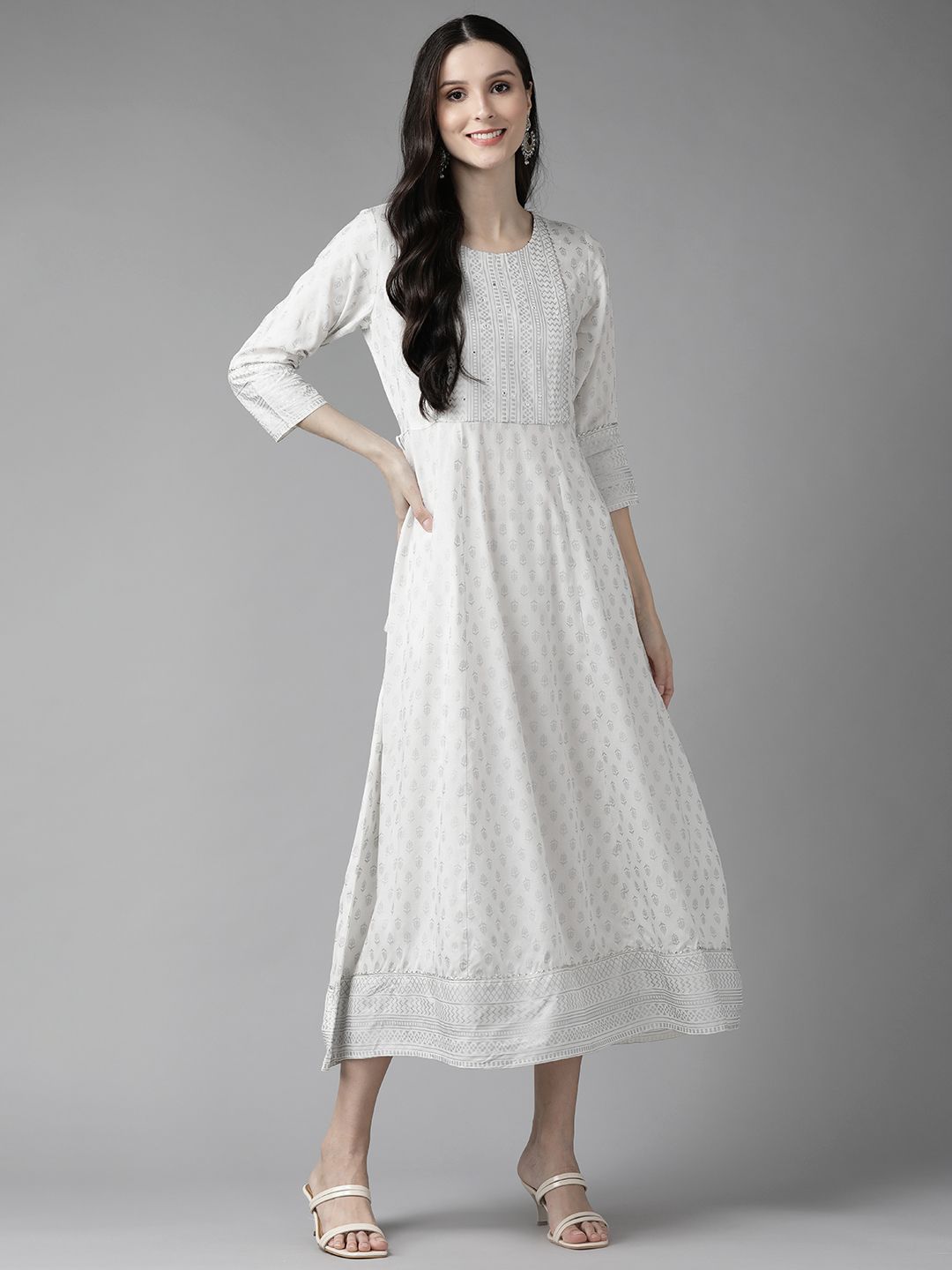 Yufta White Ethnic Motifs Mirror Work Ethnic A-Line Midi Dress Price in India
