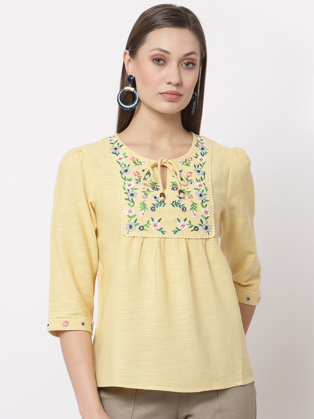 Gipsy Yellow Floral Embellished Tie-Up Neck Georgette Top Price in India
